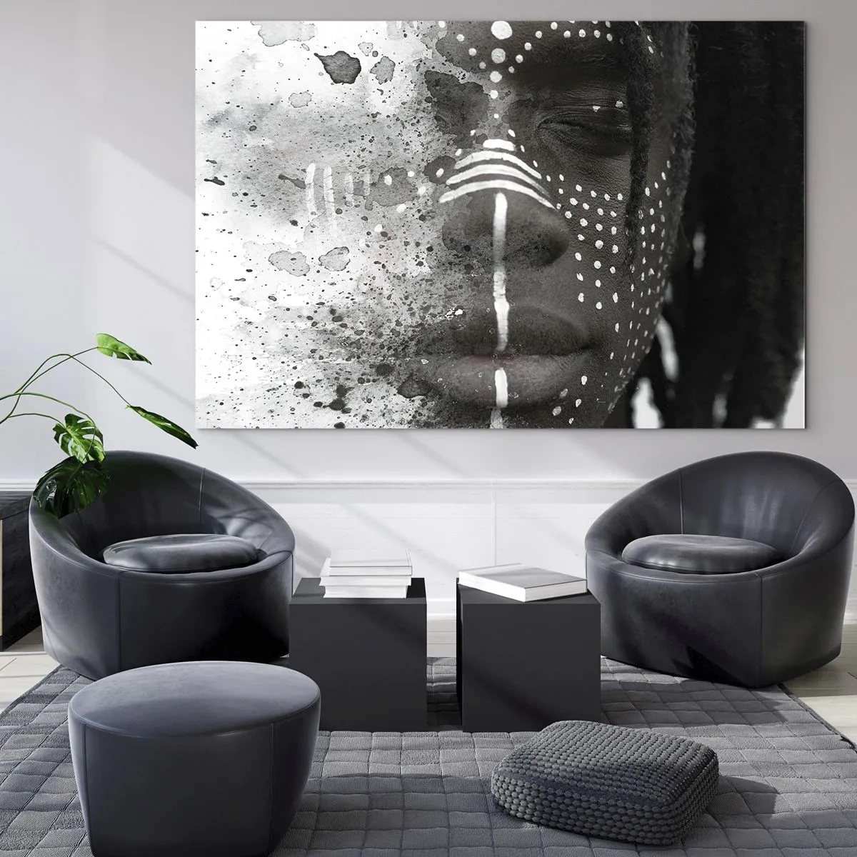 Glass picture - Portrait with ethnic patterns in black and white with a watercolor effect - 70x50cm - Dsicover Primordial Spirit - Modern wall decoration for the living room and bedroom ARTTOR