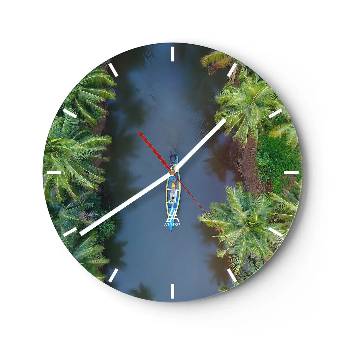 Wall clock - Clock on glass - A boat on a tropical river among palm trees, seen from a bird's eye view. - 30x30cm - On Tropical Trail - Modern wall decoration for the living room, kitchen, and bedroom ARTTOR