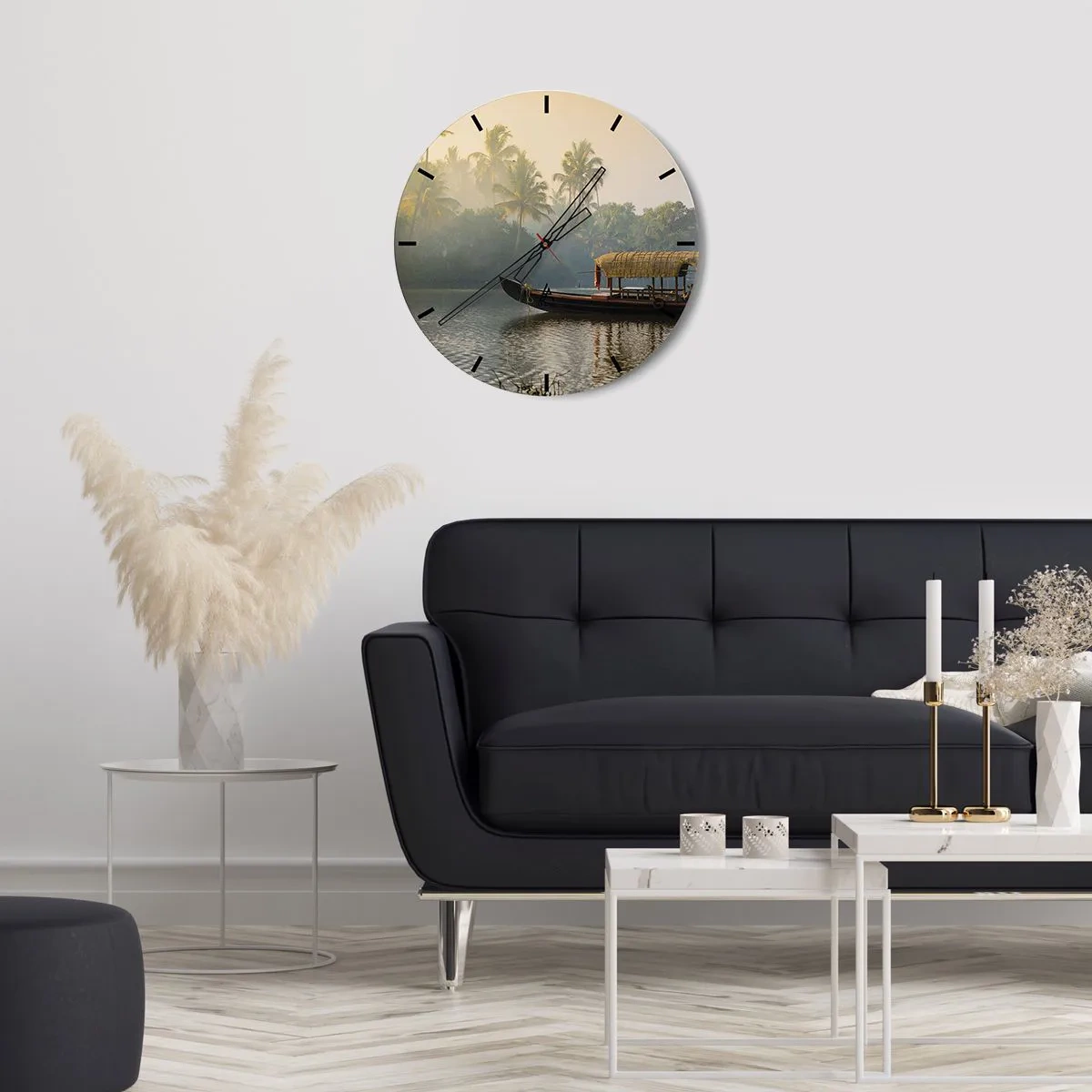 Wall clock - Clock on glass - A traditional canopy boat floats on a calm river among palm trees. - 30x30cm - House on the River - Modern wall decoration for the living room, kitchen, and bedroom ARTTOR