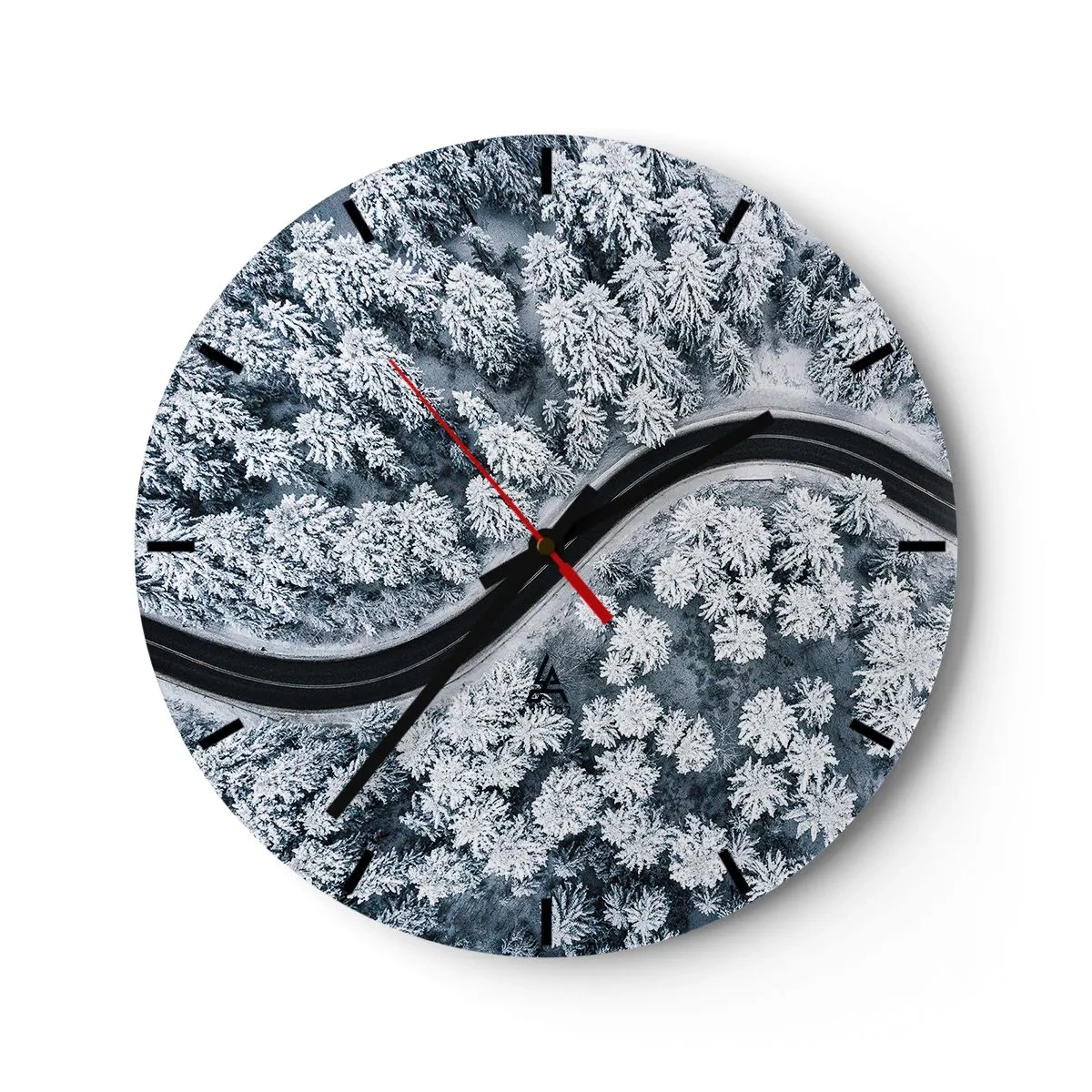 Wall clock - Clock on glass - A bird's eye view of a road winding through a snow-covered winter forest - 30x30cm - Through Wintery Forest - Modern wall decoration for the living room, kitchen, and bedroom ARTTOR