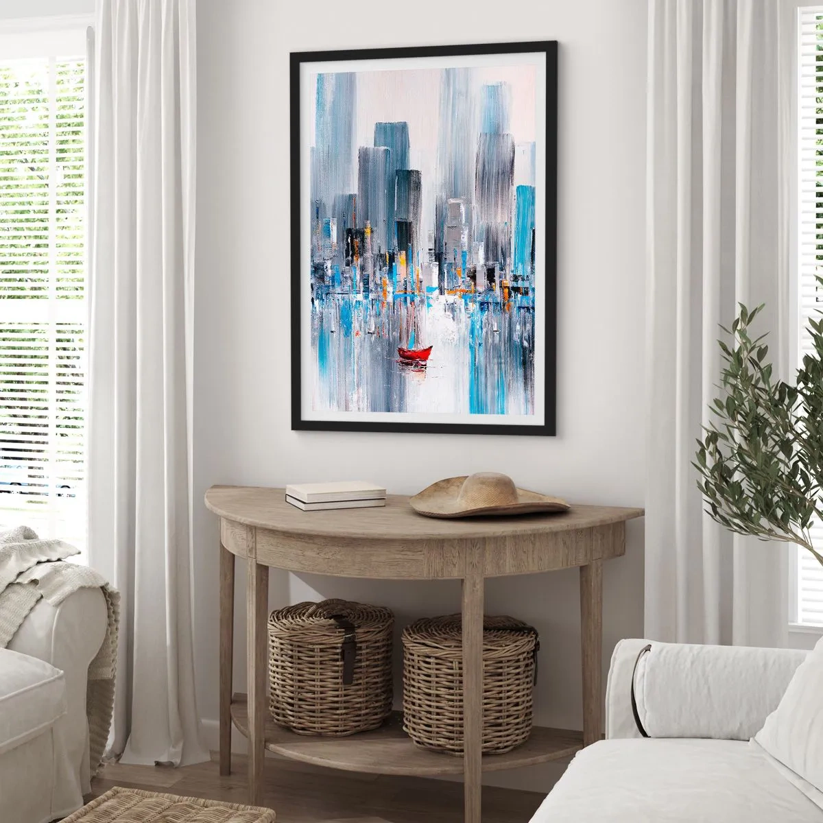 Poster in black frame - An abstract painting depicting a city skyline over water with a red boat. - 50x70cm - Metropolis by the Bay - Modern wall decoration for the living room and bedroom ARTTOR