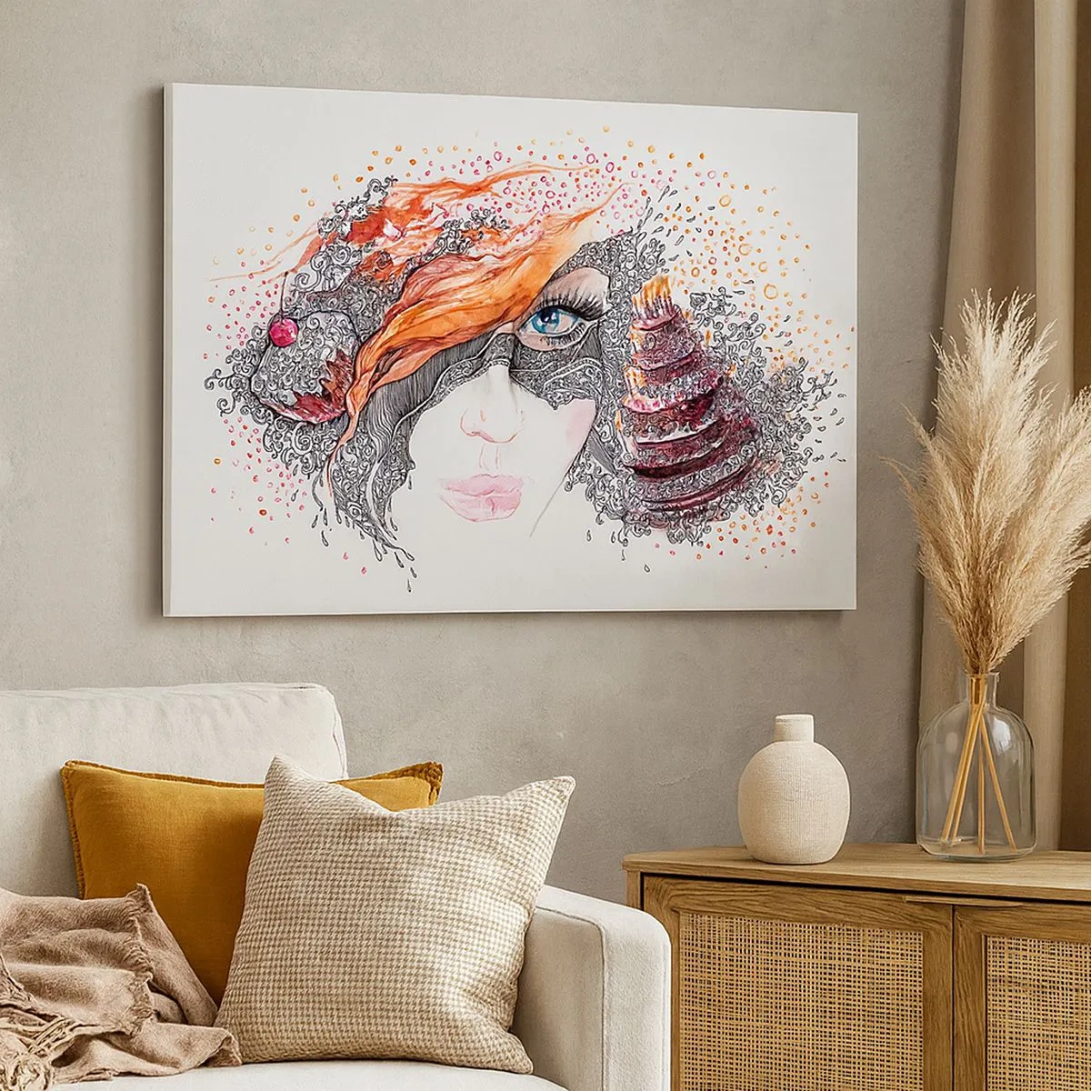 Canvas picture - Artistic portrait of a woman with details and a red accent - 70x50cm - With Her everyday Is Holiday - Modern wall decoration for the living room and bedroom ARTTOR