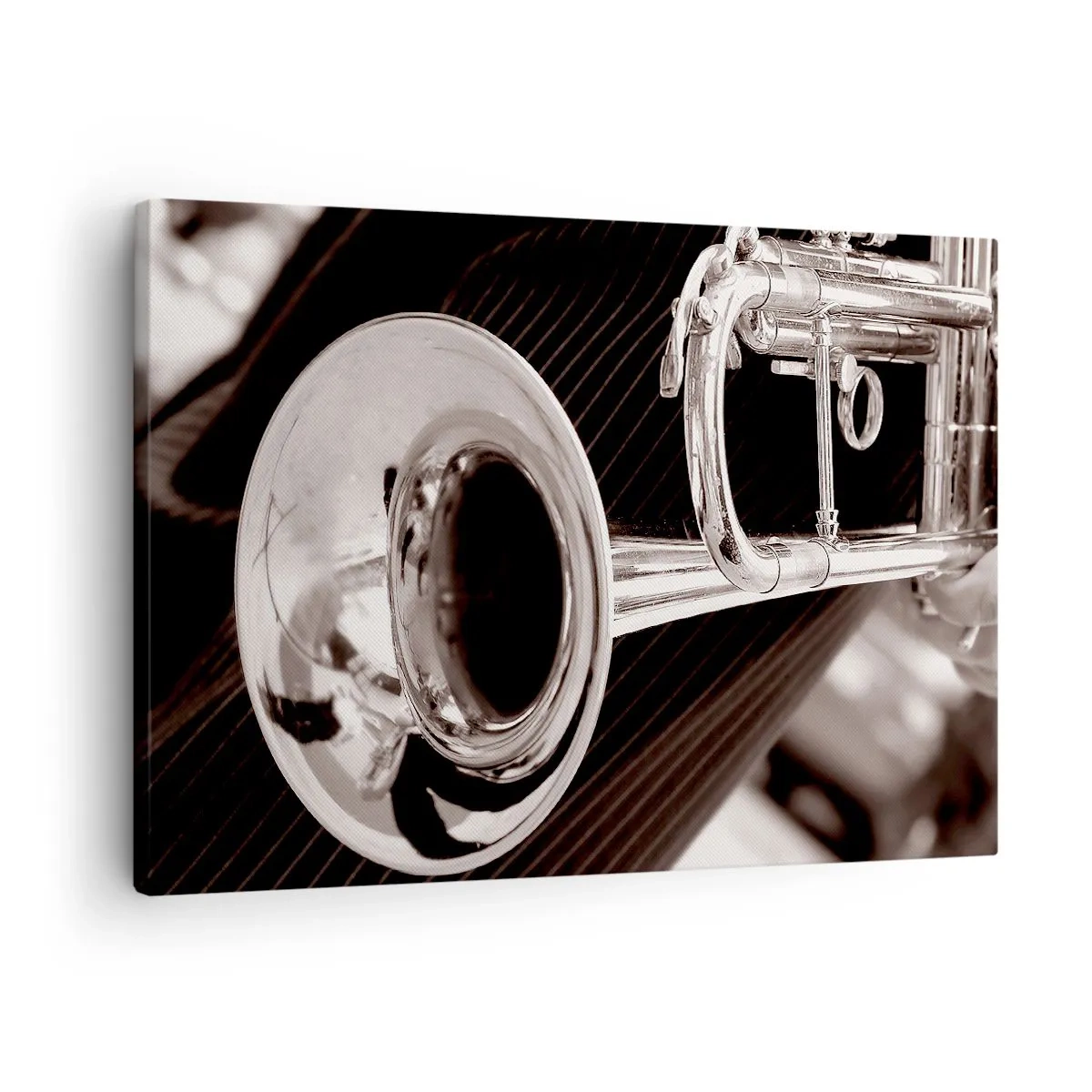 Canvas picture - A close-up of a silver trumpet against an elegant fabric background. - 70x50cm - Musical Journey to the 30-ies - Modern wall decoration for the living room and bedroom ARTTOR