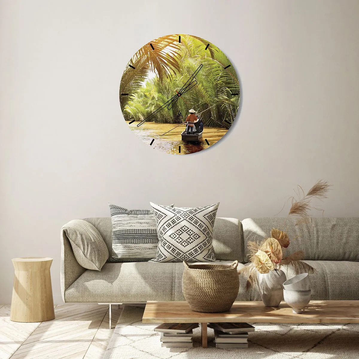 Wall clock - Clock on glass - People on a boat sailing through a dense palm forest - 30x30cm - Through a Palm Ravine - Modern wall decoration for the living room, kitchen, and bedroom ARTTOR
