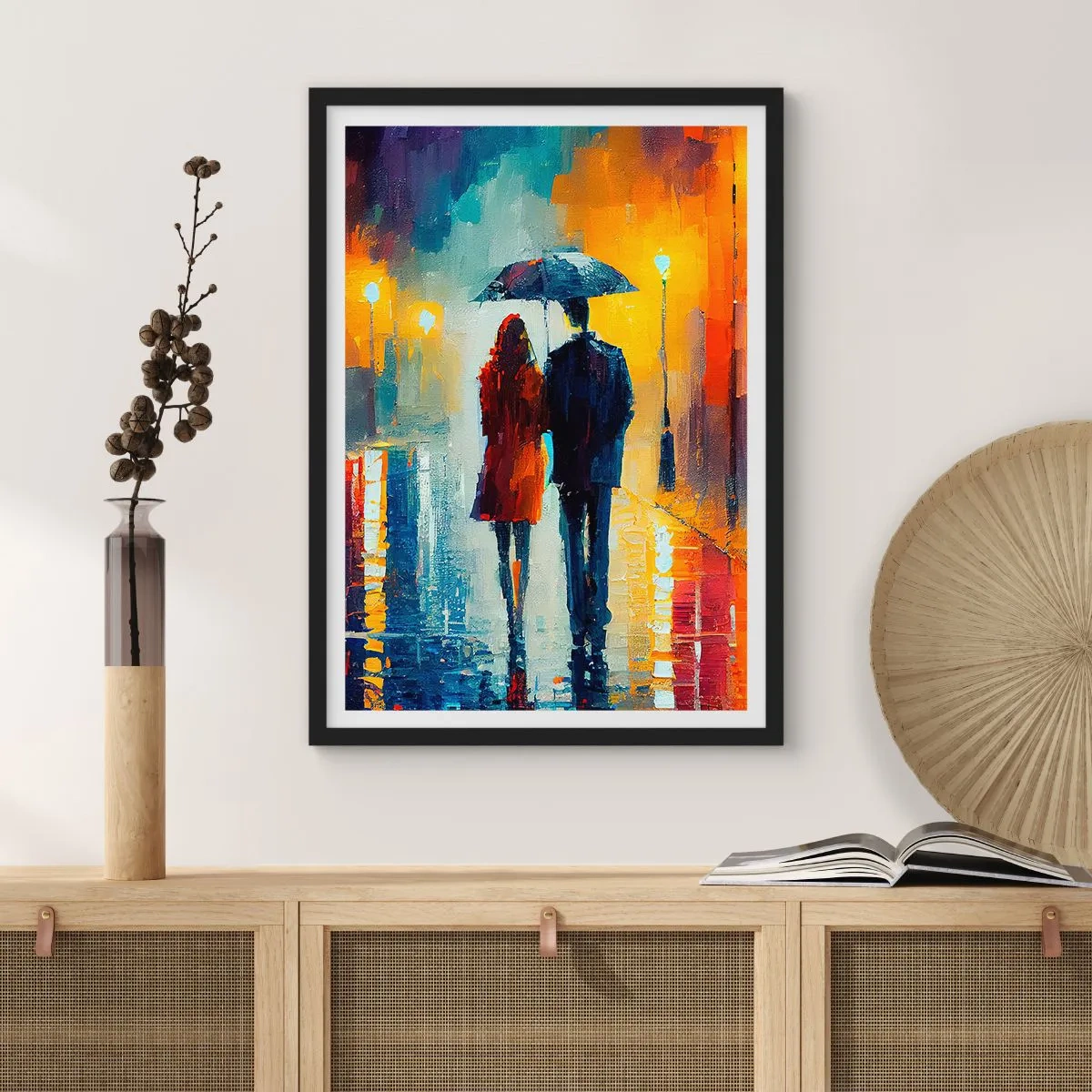 Poster in black frame - A couple with an umbrella in the rain, walking down a city street. - 50x70cm - Together - Colourful Night - Modern wall decoration for the living room and bedroom ARTTOR