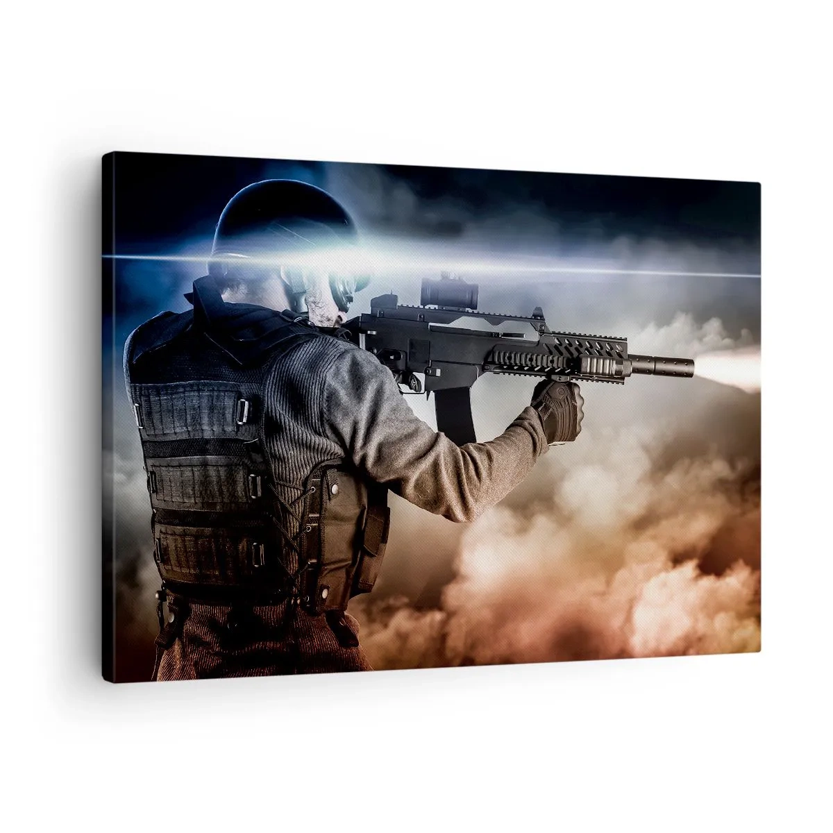 Canvas picture - A soldier in action with a rifle against a background of clouds and light. - 70x50cm - Simply a Hero - Modern wall decoration for the living room and bedroom ARTTOR