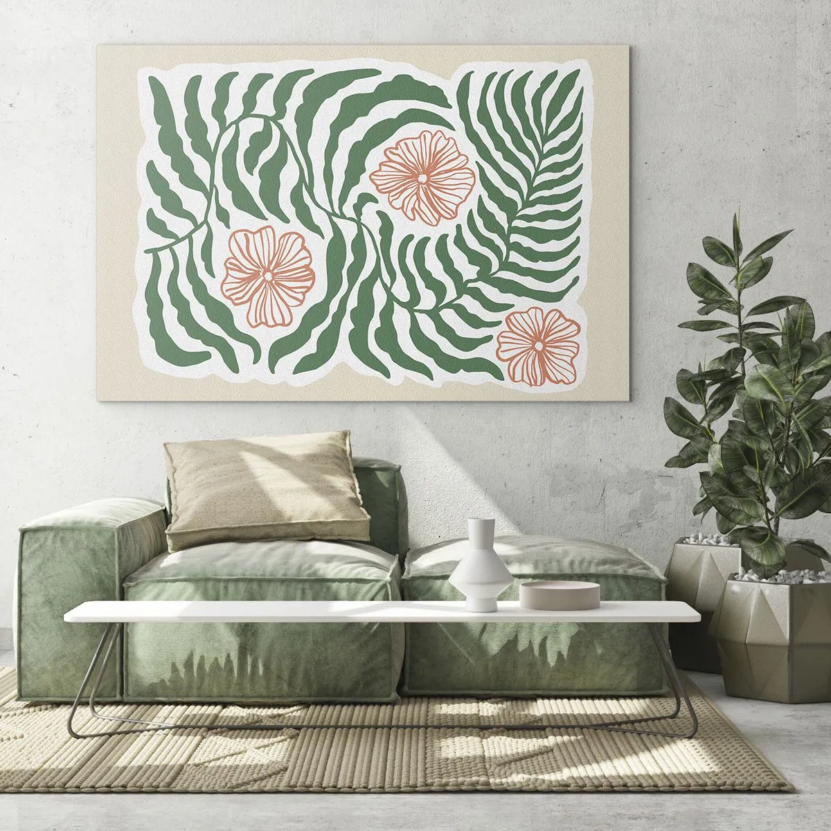 Glass picture - Green leaves and red flowers in a graphic arrangement - 70x50cm - Blossoming in Green - Modern wall decoration for the living room and bedroom ARTTOR