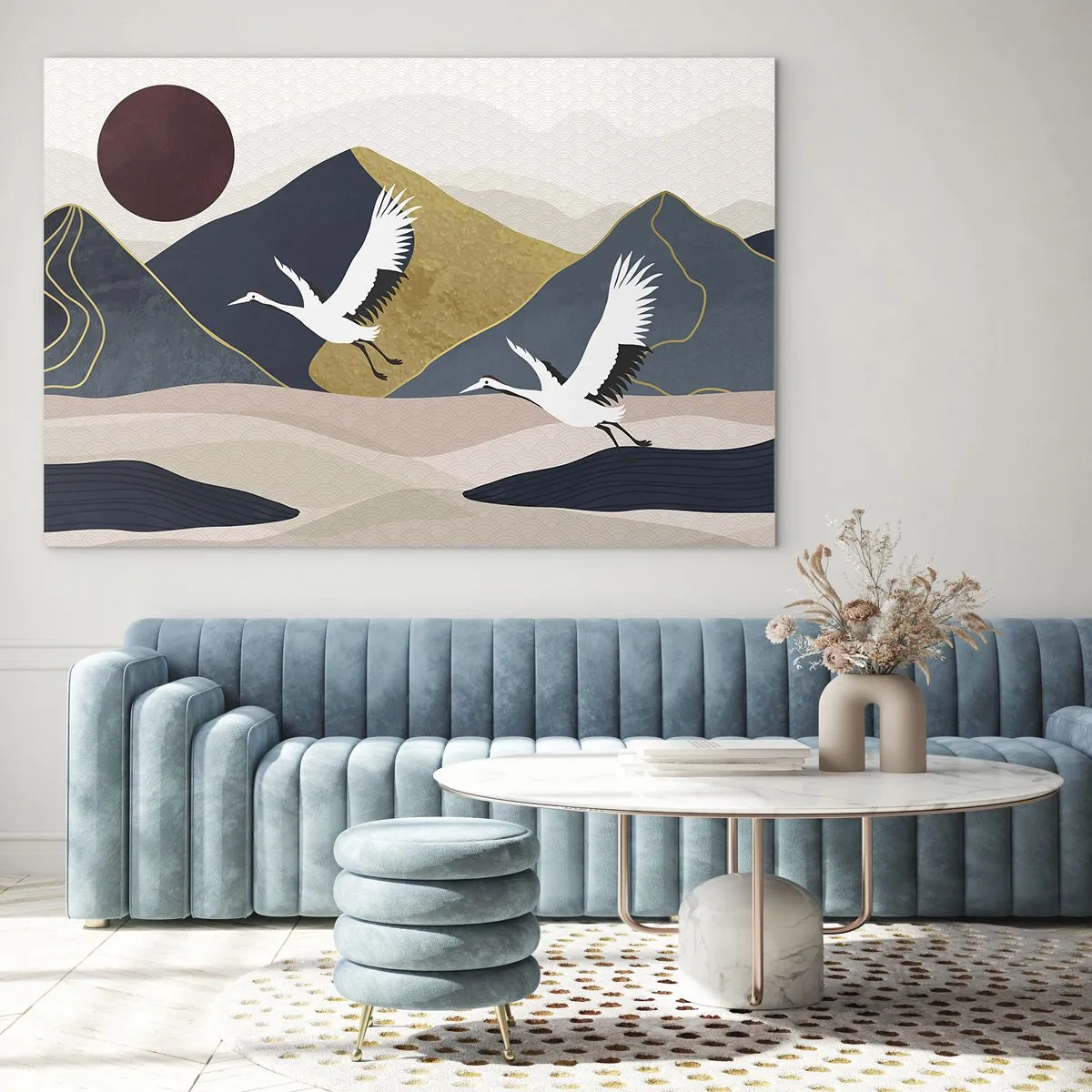 Glass picture - Two cranes flying over a rolling landscape with a red sun. - 70x50cm - Another Day Has Flown By - Modern wall decoration for the living room and bedroom ARTTOR