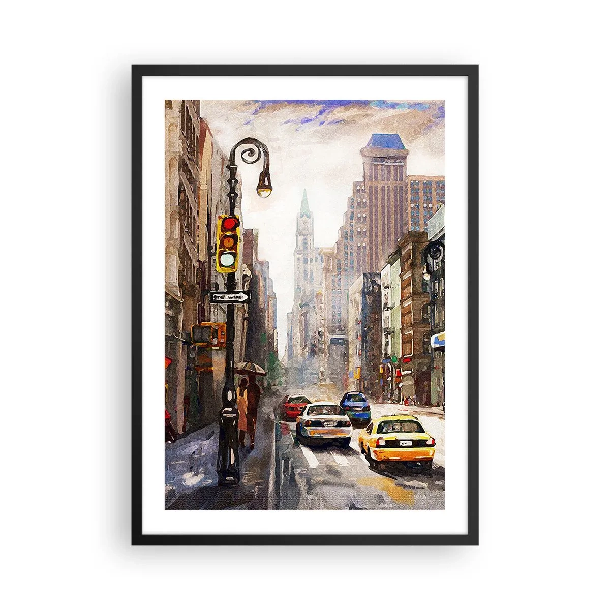 Poster in black frame - City street with cars and traffic lights - 50x70cm - New York - Colourful in Rain - Modern wall decoration for the living room and bedroom ARTTOR