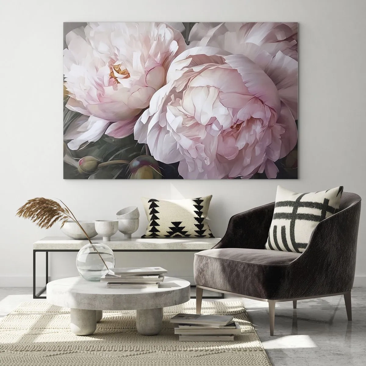 Glass picture - Delicate peonies in a light pink shade in close-up - 70x50cm - Captured in Full Bloom - Modern wall decoration for the living room and bedroom ARTTOR