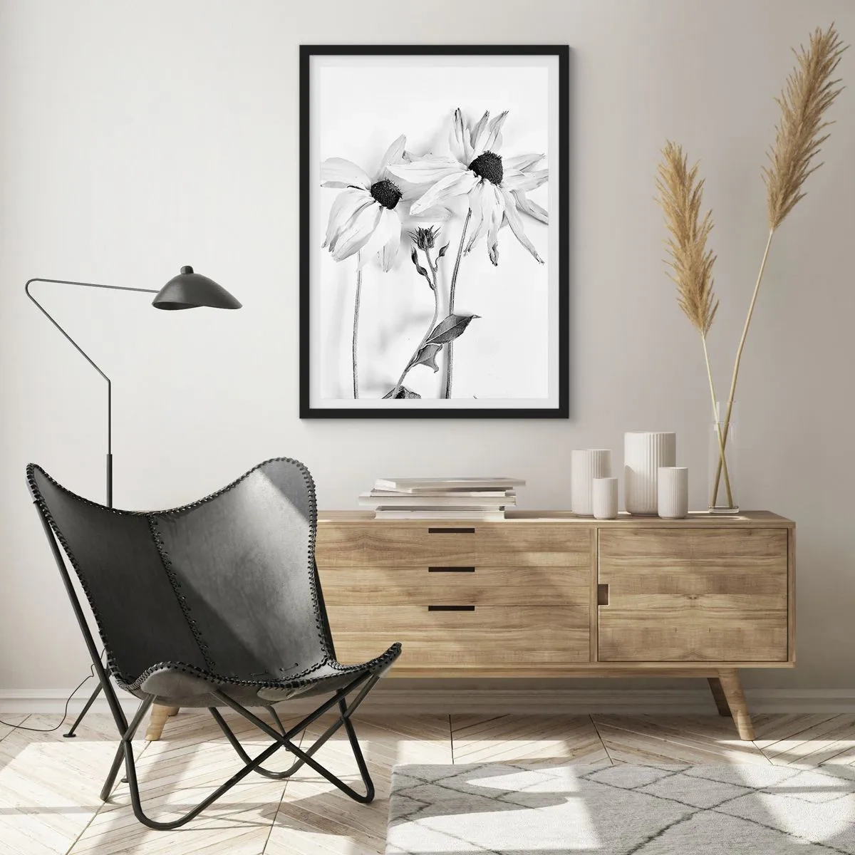 Poster in black frame - Black and white flowers in a minimalist style on a light background - 50x70cm - No one Wants To Be Alone - Modern wall decoration for the living room and bedroom ARTTOR