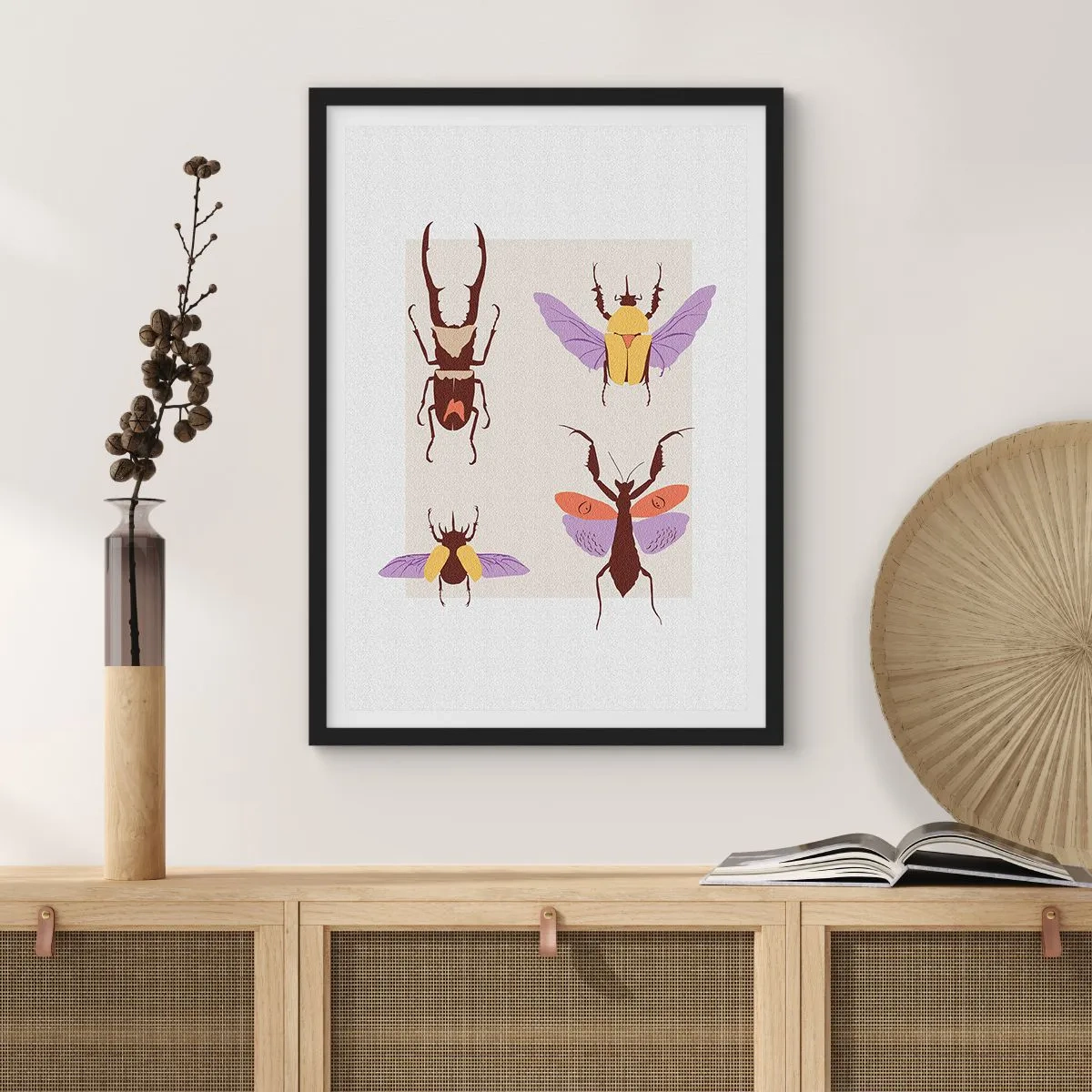 Poster in black frame - Colorful beetles on a light background - 50x70cm - World of Insects - Modern wall decoration for the living room and bedroom ARTTOR