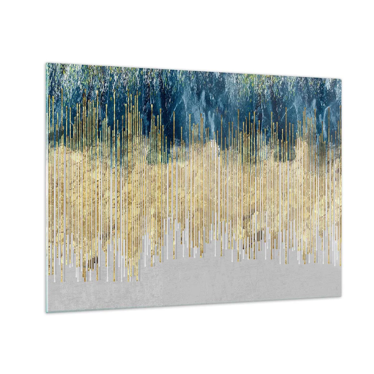Glass picture - Golden vertical lines against a dark blue forest background - 70x50cm - Glided Border - Modern wall decoration for the living room and bedroom ARTTOR