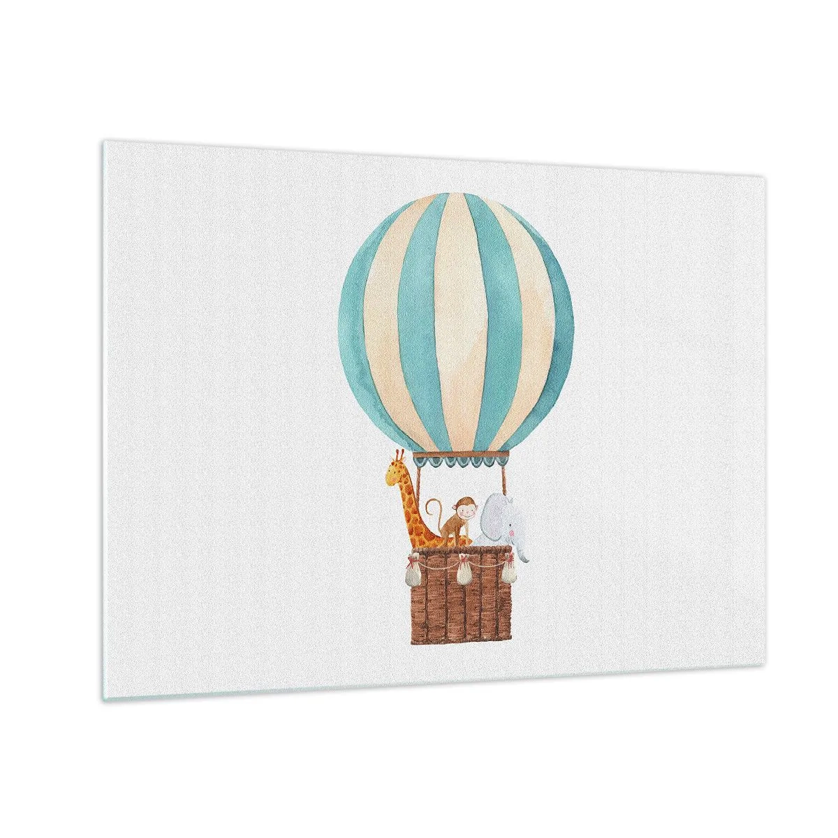 Glass picture - A balloon with a giraffe, a monkey and an elephant on a white background - 70x50cm - Fantastic Trip - Modern wall decoration for the living room and bedroom ARTTOR