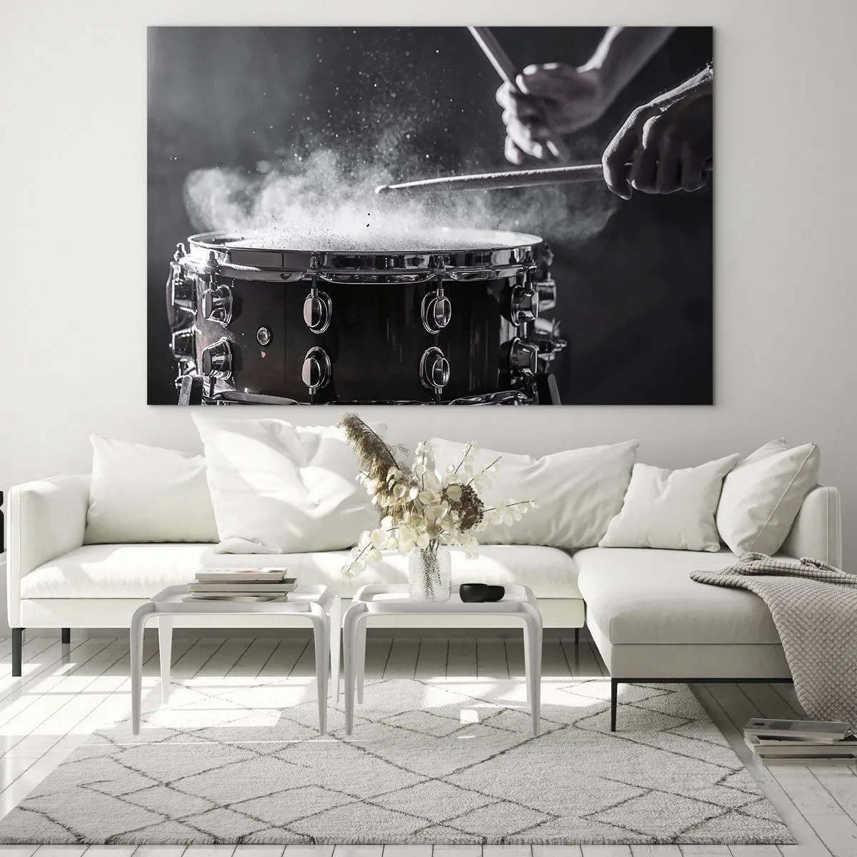 Glass picture - Drums in motion with powder floating - 70x50cm - Pulse of Music - Modern wall decoration for the living room and bedroom ARTTOR