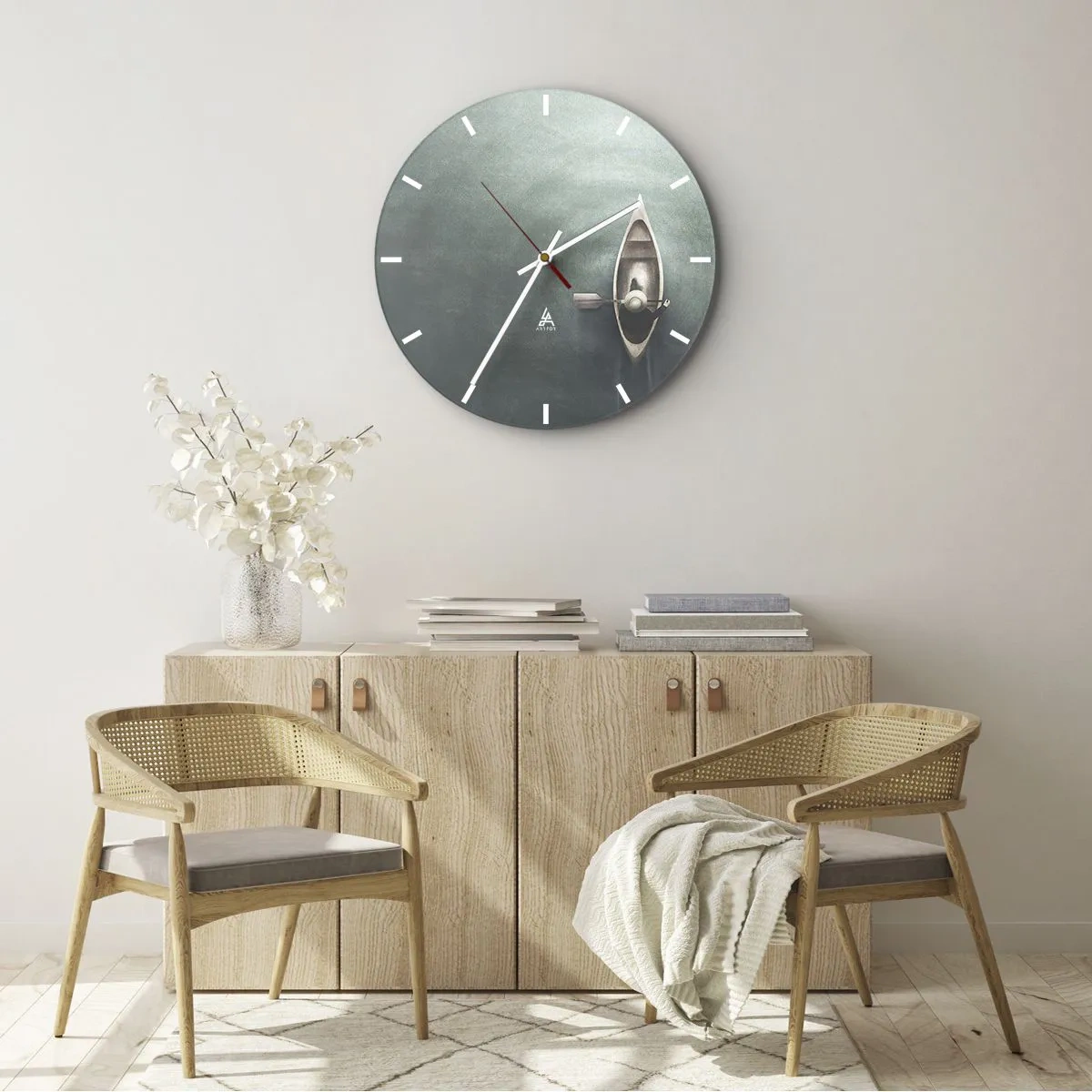 Wall clock - Clock on glass - A boat on a calm surface of water seen from a bird's eye view - 30x30cm - Through Moon Lake - Modern wall decoration for the living room, kitchen, and bedroom ARTTOR