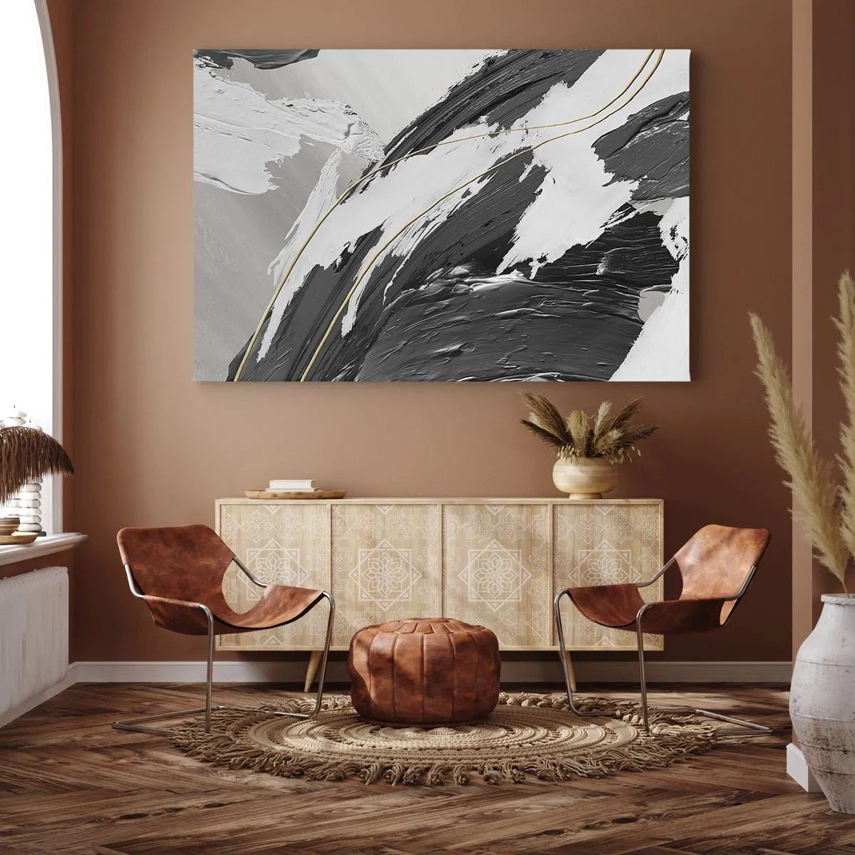 Canvas picture - Black and white paint strokes with a subtle gold accent - 70x50cm - Abstract with Flair - Modern wall decoration for the living room and bedroom ARTTOR