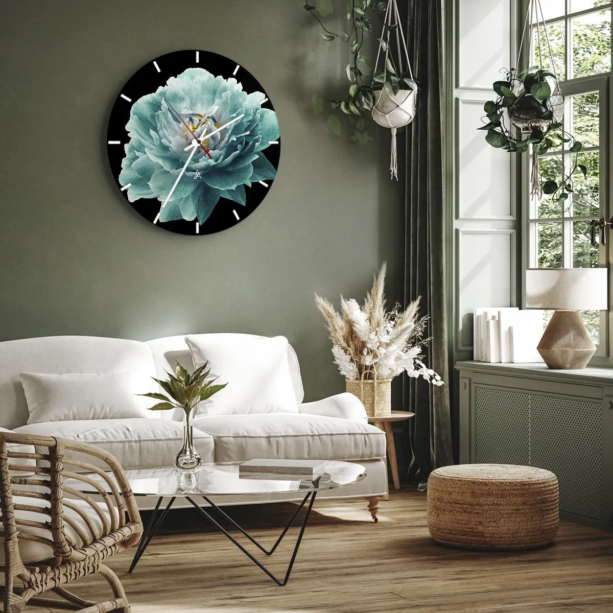 Wall clock - Clock on glass - Turquoise peony flower on a black background - 30x30cm - Blue and Gold Petals - Modern wall decoration for the living room, kitchen, and bedroom ARTTOR