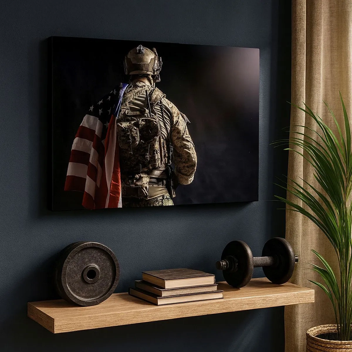 Canvas picture - A soldier in uniform with a flag against a dark background - 70x50cm - That's Why - Modern wall decoration for the living room and bedroom ARTTOR
