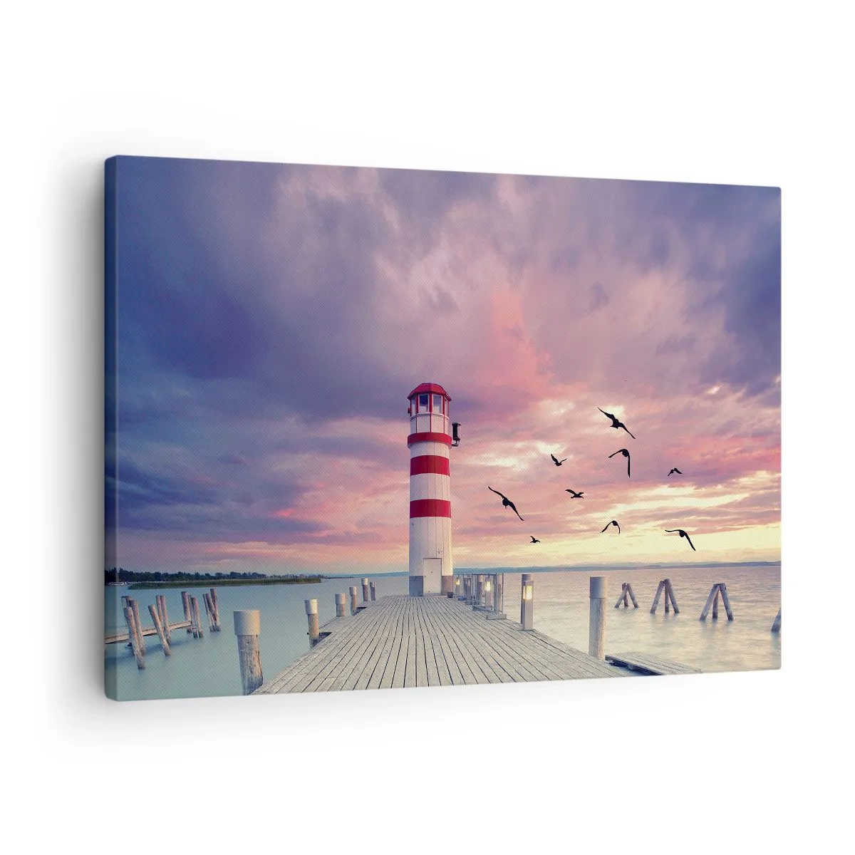 Canvas picture - A lighthouse on the pier surrounded by a picturesque sunset - 70x50cm - Time for Port - Modern wall decoration for the living room and bedroom ARTTOR
