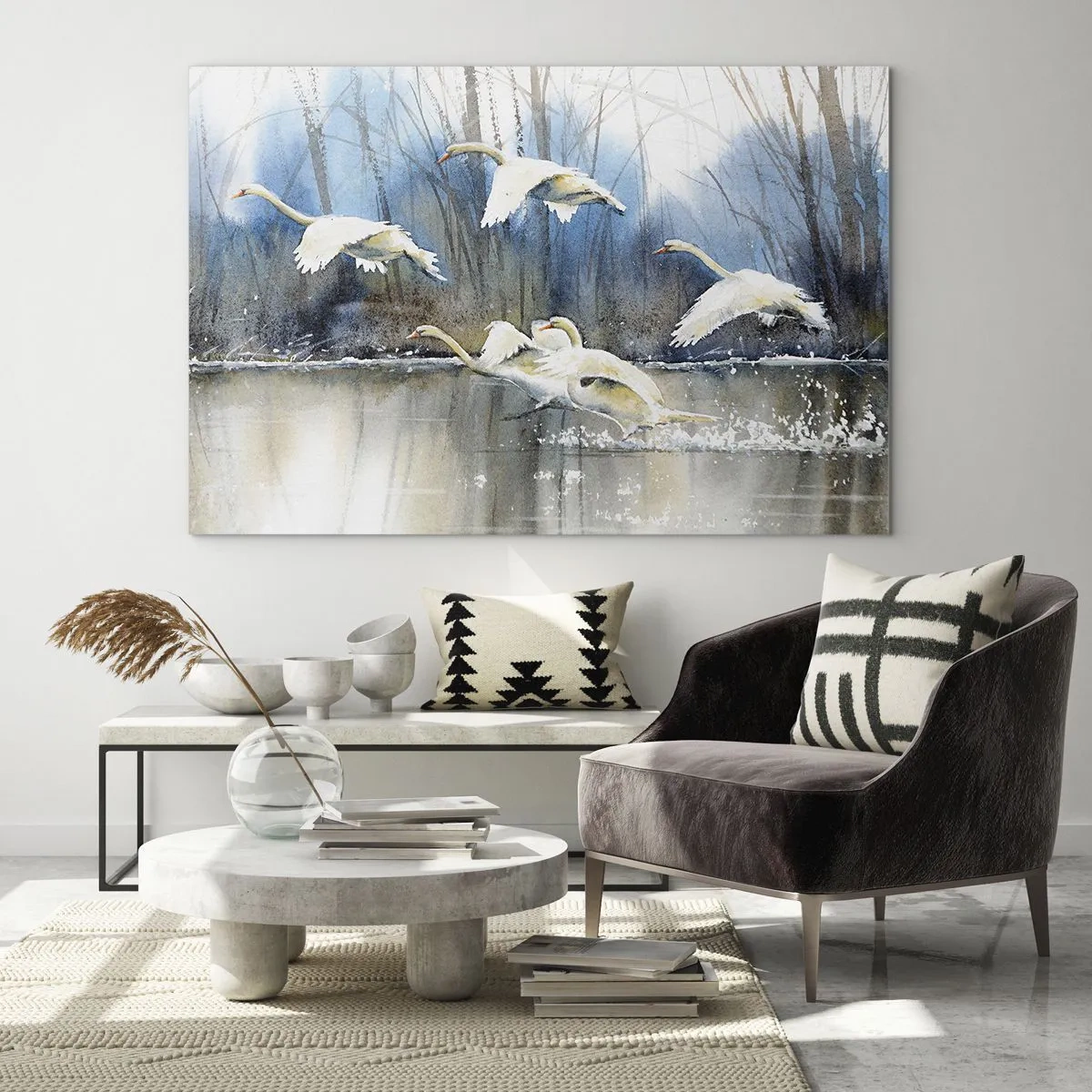 Glass picture - Wild swans flying over a peaceful forest lake - 70x50cm - Like in a Fairy Tale about Wild Swans - Modern wall decoration for the living room and bedroom ARTTOR
