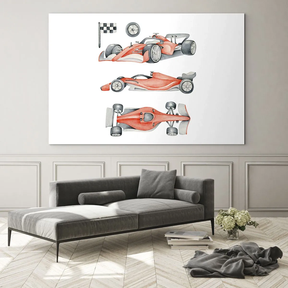 Glass picture - Three-shot illustration of a red racing car with a racing flag - 70x50cm - Race for the Dreams - Modern wall decoration for the living room and bedroom ARTTOR