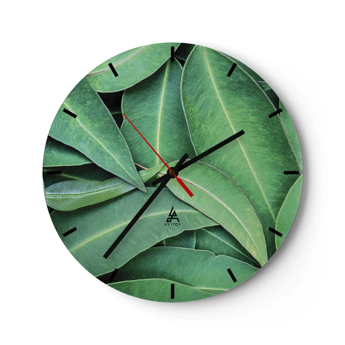 Wall clock - Clock on glass - Juicy green leaves in a macro shot - 30x30cm - Juicy and Fresh - Modern wall decoration for the living room, kitchen, and bedroom ARTTOR