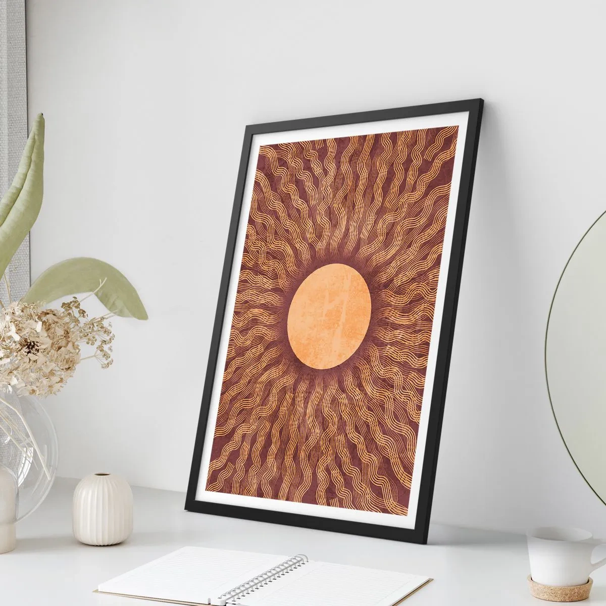Poster in black frame - Stylized sun with rays in shades of gold and brown - 50x70cm - Sun Icon - Modern wall decoration for the living room and bedroom ARTTOR