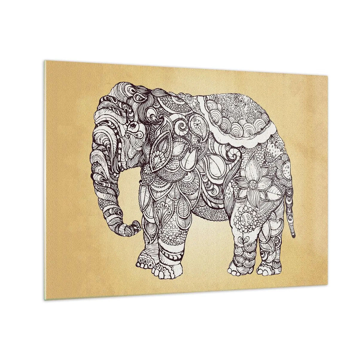 Glass picture - Black and white elephant with oriental patterns on a beige background - 70x50cm - Hidden Elephant - Modern wall decoration for the living room and bedroom ARTTOR