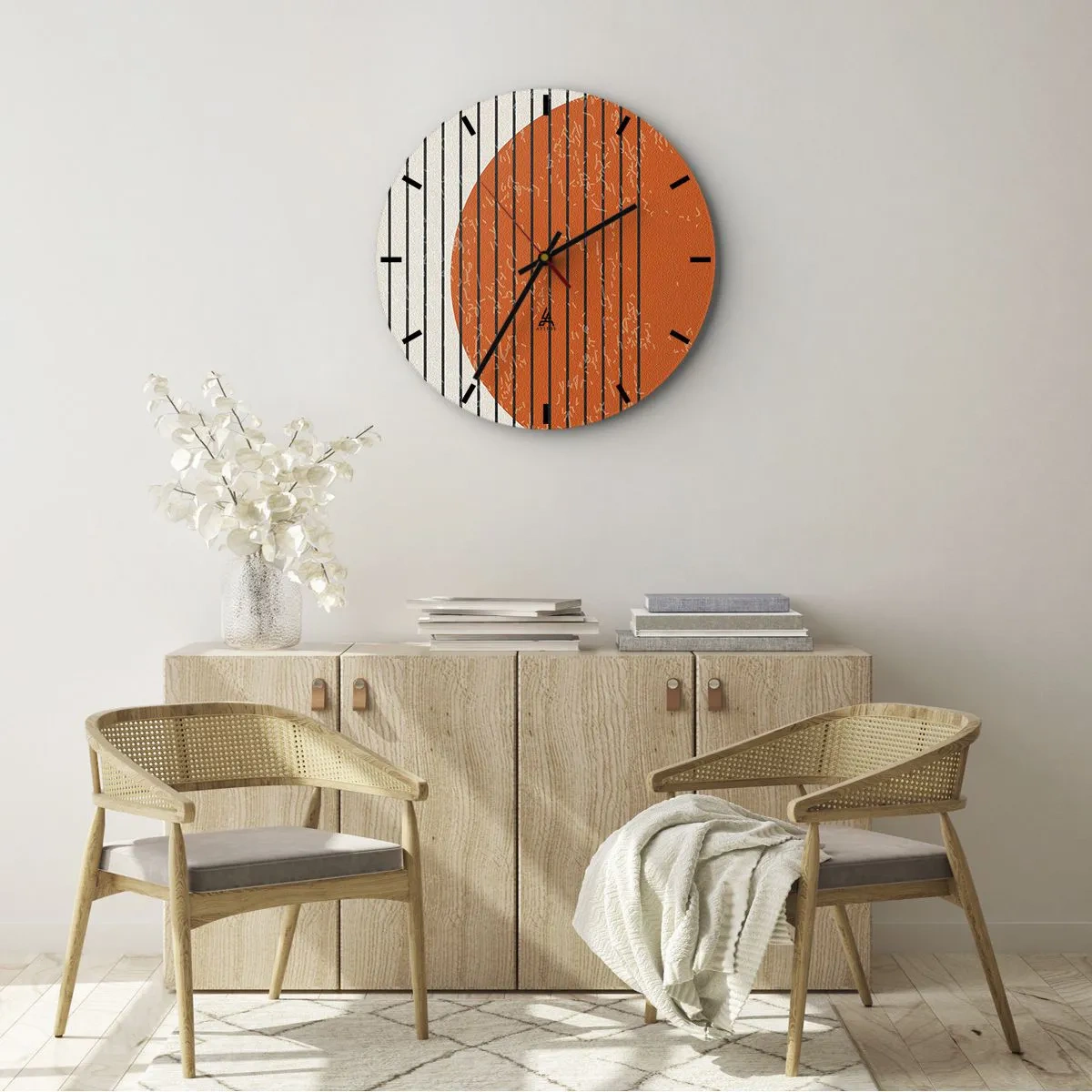 Wall clock - Clock on glass - Orange circle and black lines on a beige background - 30x30cm - Always the Sun - Modern wall decoration for the living room, kitchen, and bedroom ARTTOR