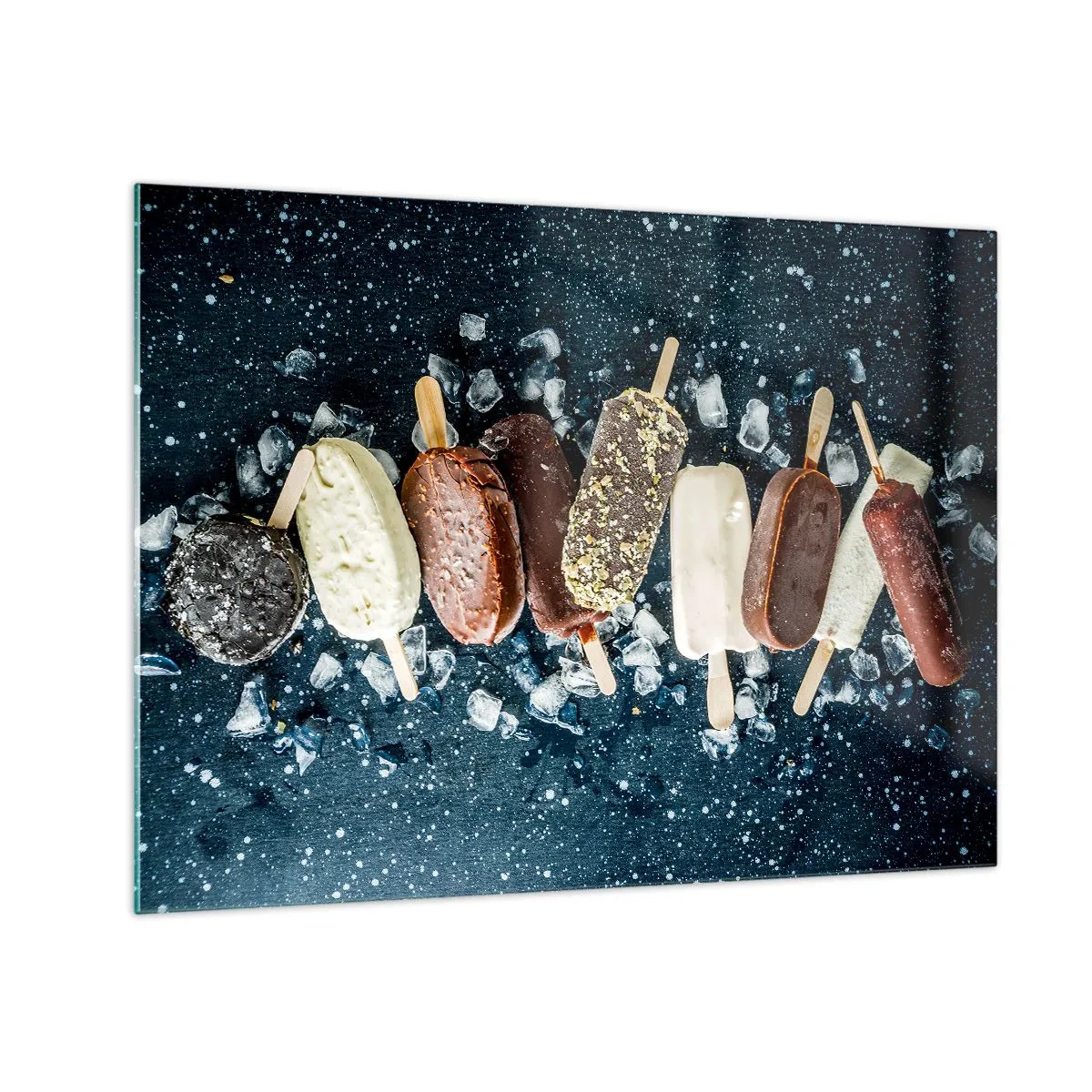 Glass picture - Popsicles in various flavors arranged on ice cubes - 70x50cm - Taste of the Hot Summer - Modern wall decoration for the living room and bedroom ARTTOR