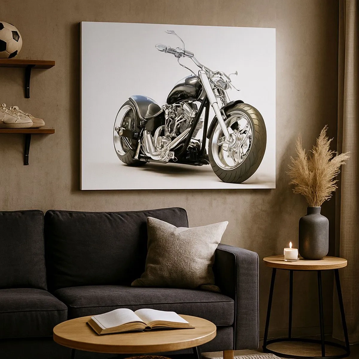 Canvas picture - Stylish black motorcycle on a white background - 70x50cm - Power with Character - Modern wall decoration for the living room and bedroom ARTTOR