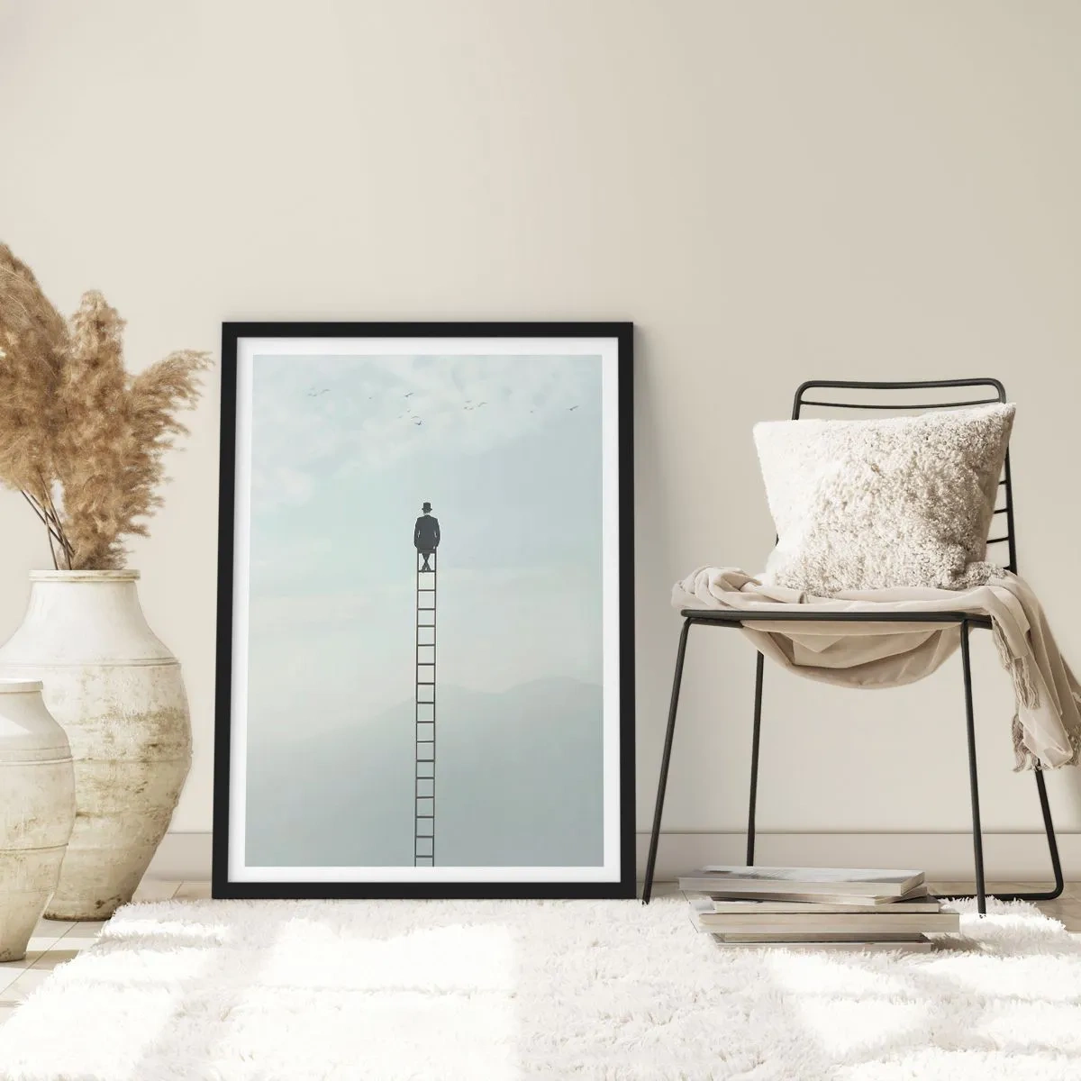 Poster in black frame - Man on a ladder looking at the sky - 50x70cm - Rise above It - Modern wall decoration for the living room and bedroom ARTTOR