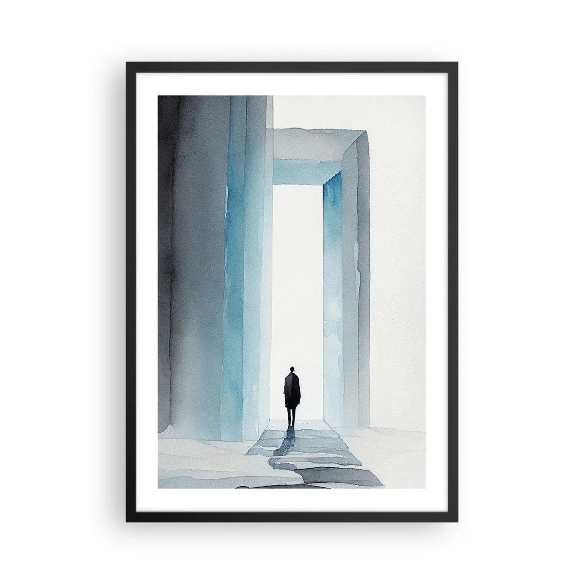 Poster in black frame - A figure walking through a blue gate, symbolizing freedom and limitless possibilities - 50x70cm - Live Without Limitations - Modern wall decoration for the living room and bedroom ARTTOR