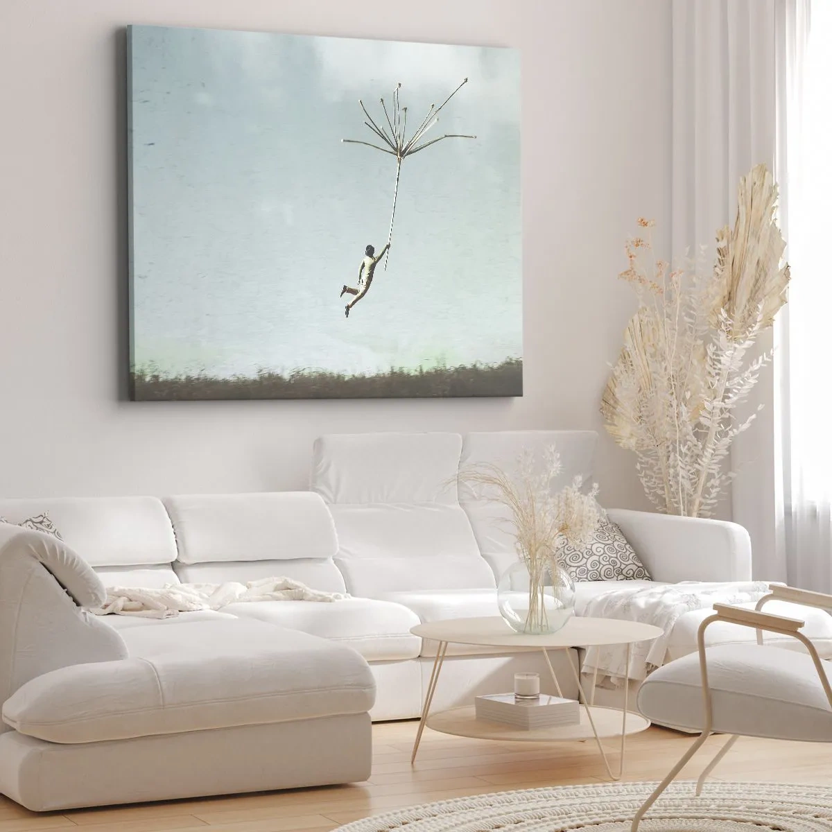 Canvas picture - A figure lifted by a large dandelion seed - 70x50cm - Kites, Dandelions, Wind - Modern wall decoration for the living room and bedroom ARTTOR