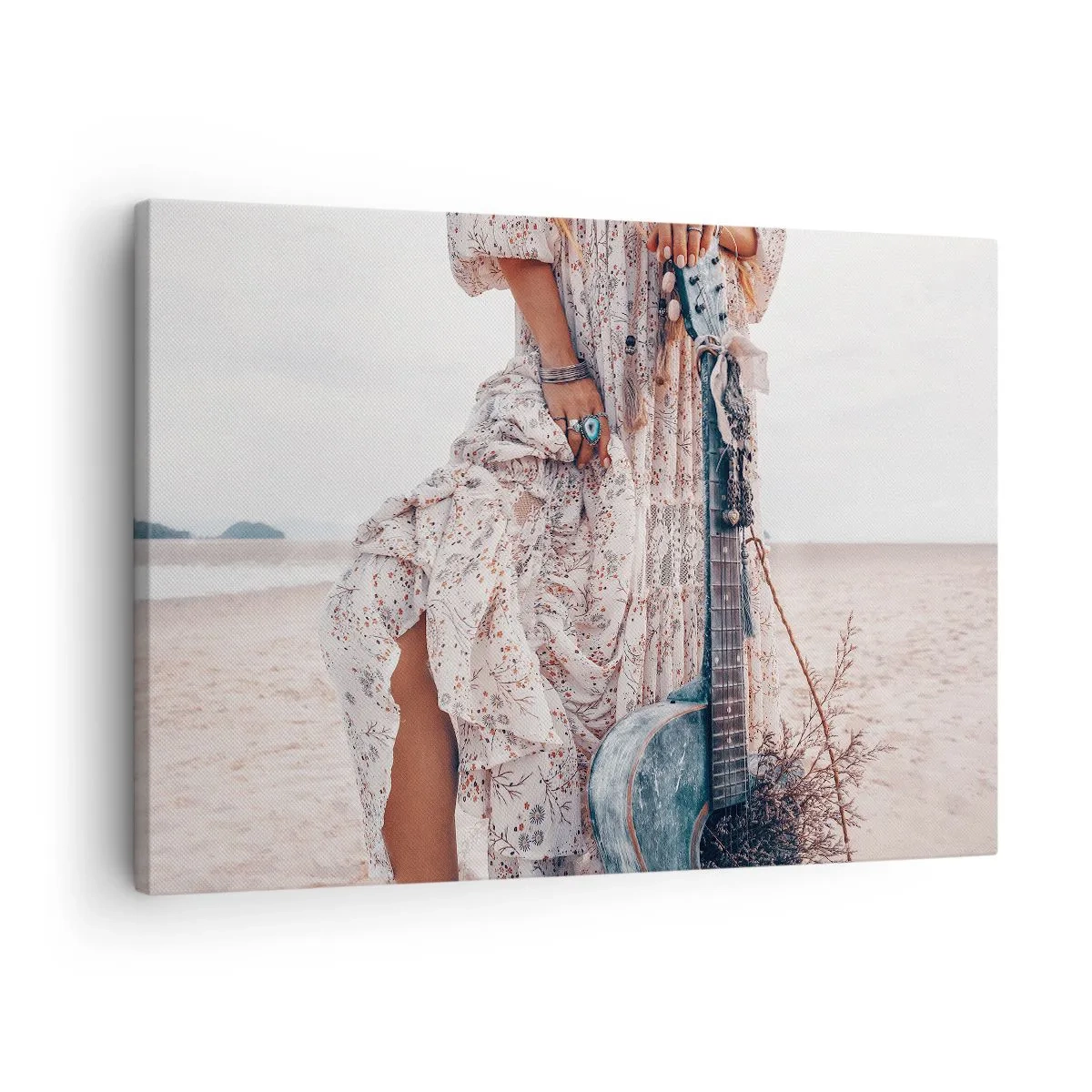 Canvas picture - Boho style woman with guitar on the beach - 70x50cm - Flower Chidlren on their Way - Modern wall decoration for the living room and bedroom ARTTOR