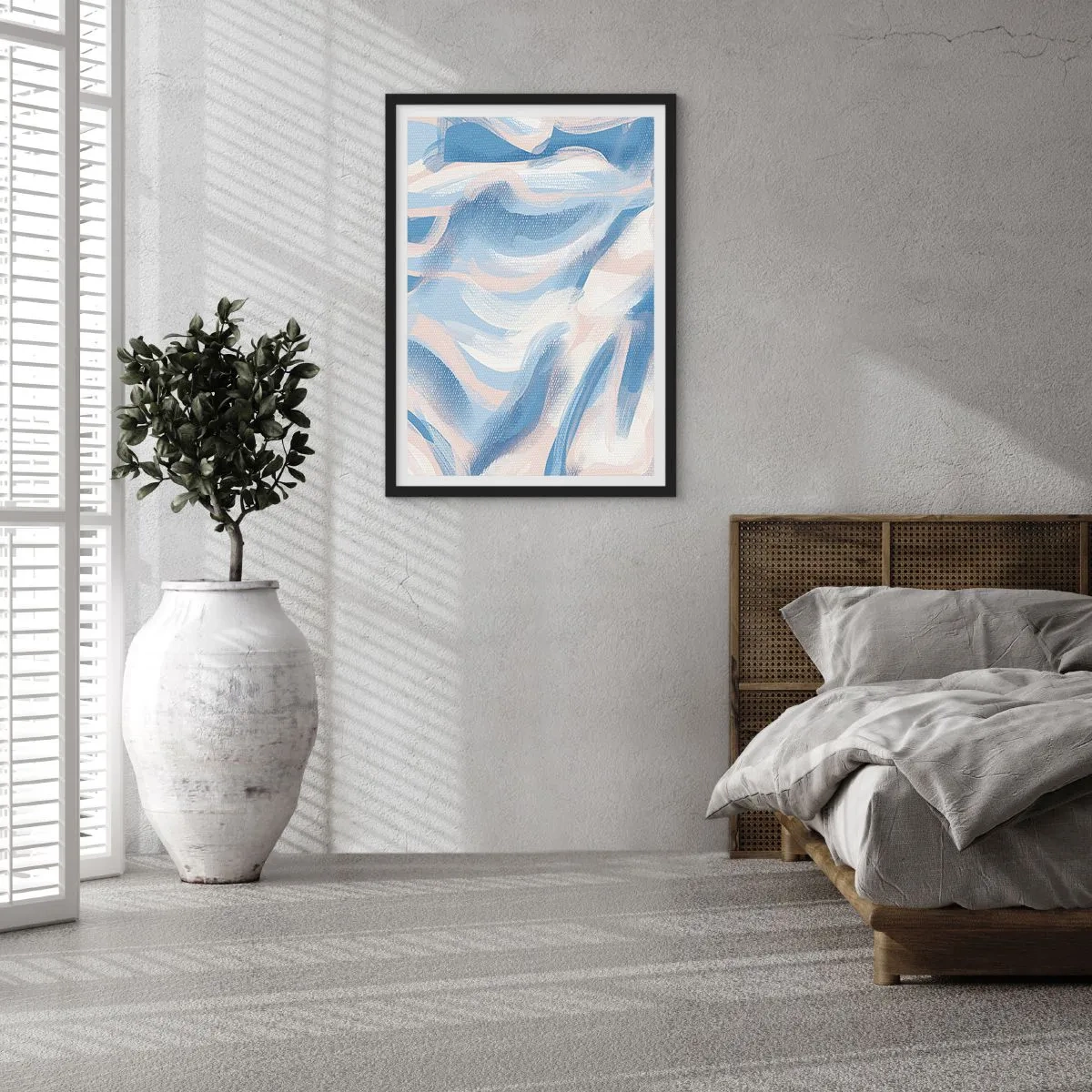 Poster in black frame - Abstract wave in shades of blue and beige - 50x70cm - Blue Waves - Modern wall decoration for the living room and bedroom ARTTOR