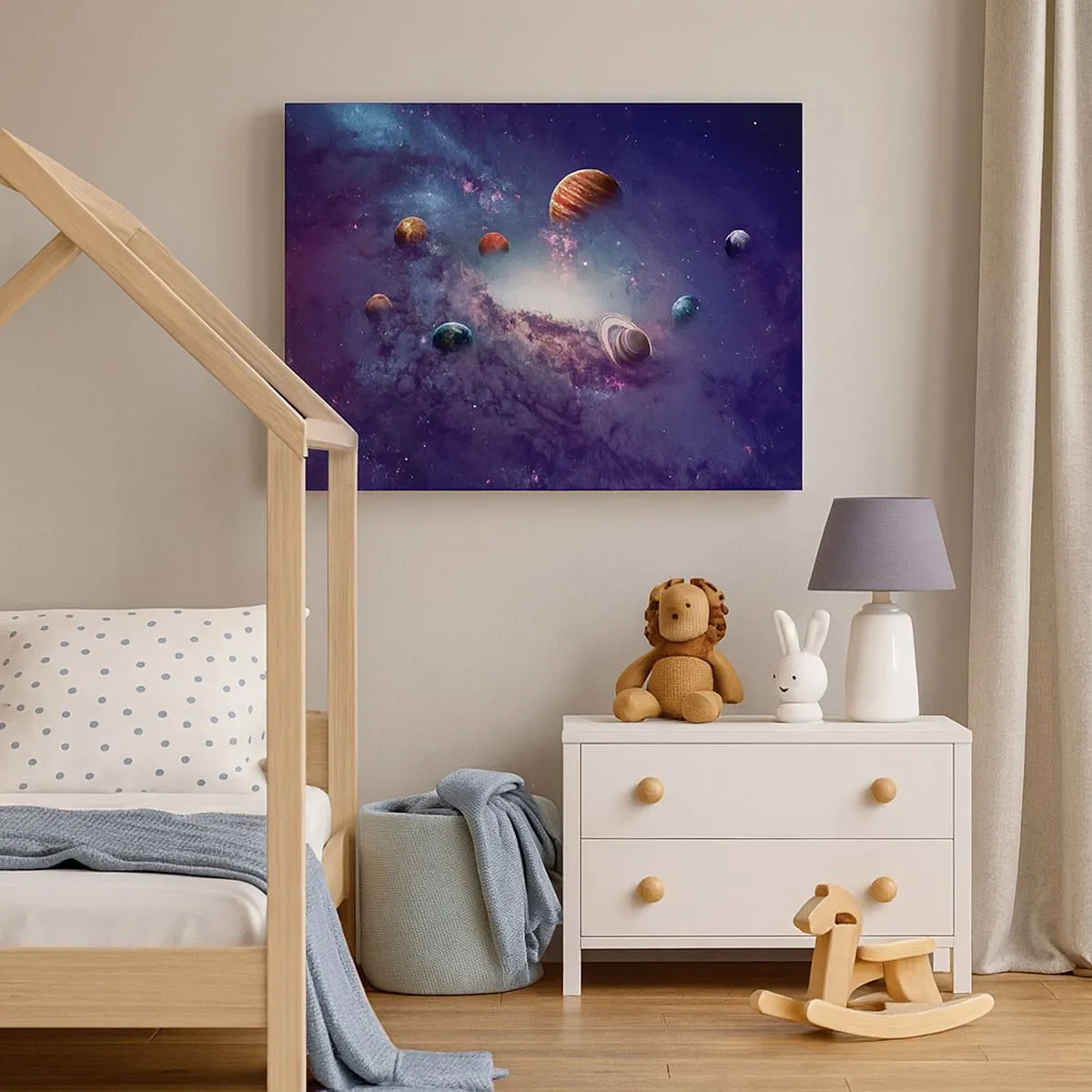 Canvas picture - Planets in a galaxy with a nebula in the background - 70x50cm - Solar-Dancing System - Modern wall decoration for the living room and bedroom ARTTOR
