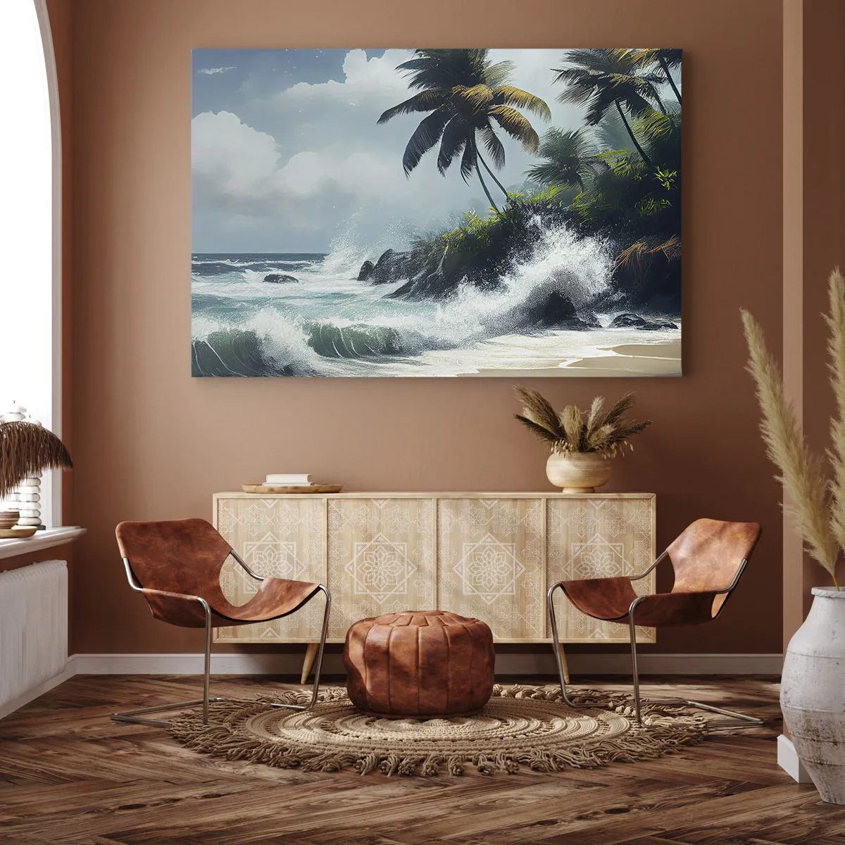 Canvas picture - Tropical shore with palm trees and a rough sea - 70x50cm - On a Tropical Shore - Modern wall decoration for the living room and bedroom ARTTOR