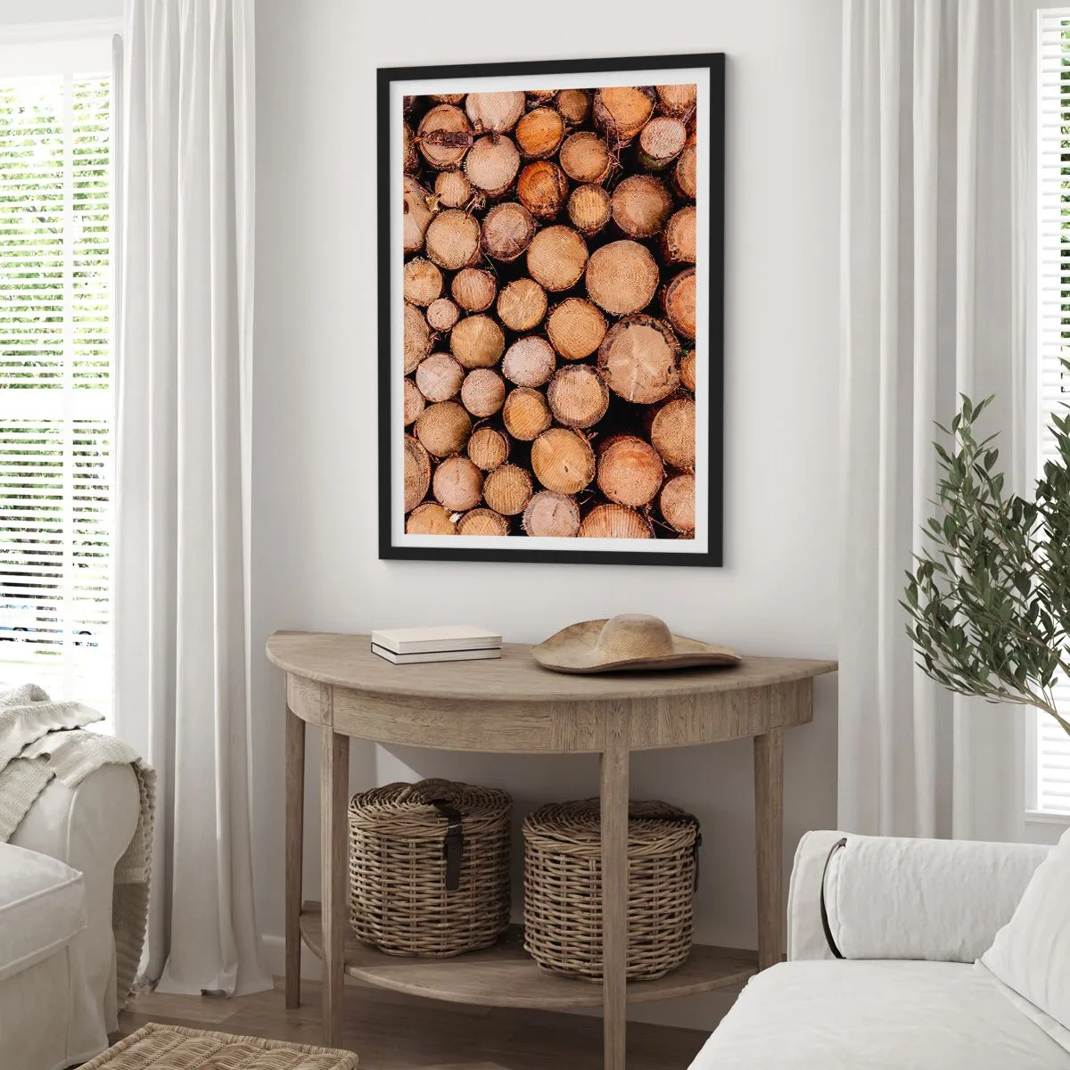 Poster in black frame - Natural cut tree trunks in an artistic arrangement - 50x70cm - New Beginning - Modern wall decoration for the living room and bedroom ARTTOR