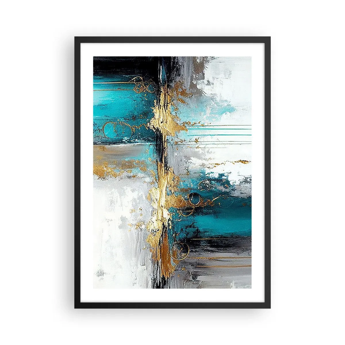 Poster in black frame - An abstract composition in shades of turquoise and gold. - 50x70cm - Everything Flows - Modern wall decoration for the living room and bedroom ARTTOR