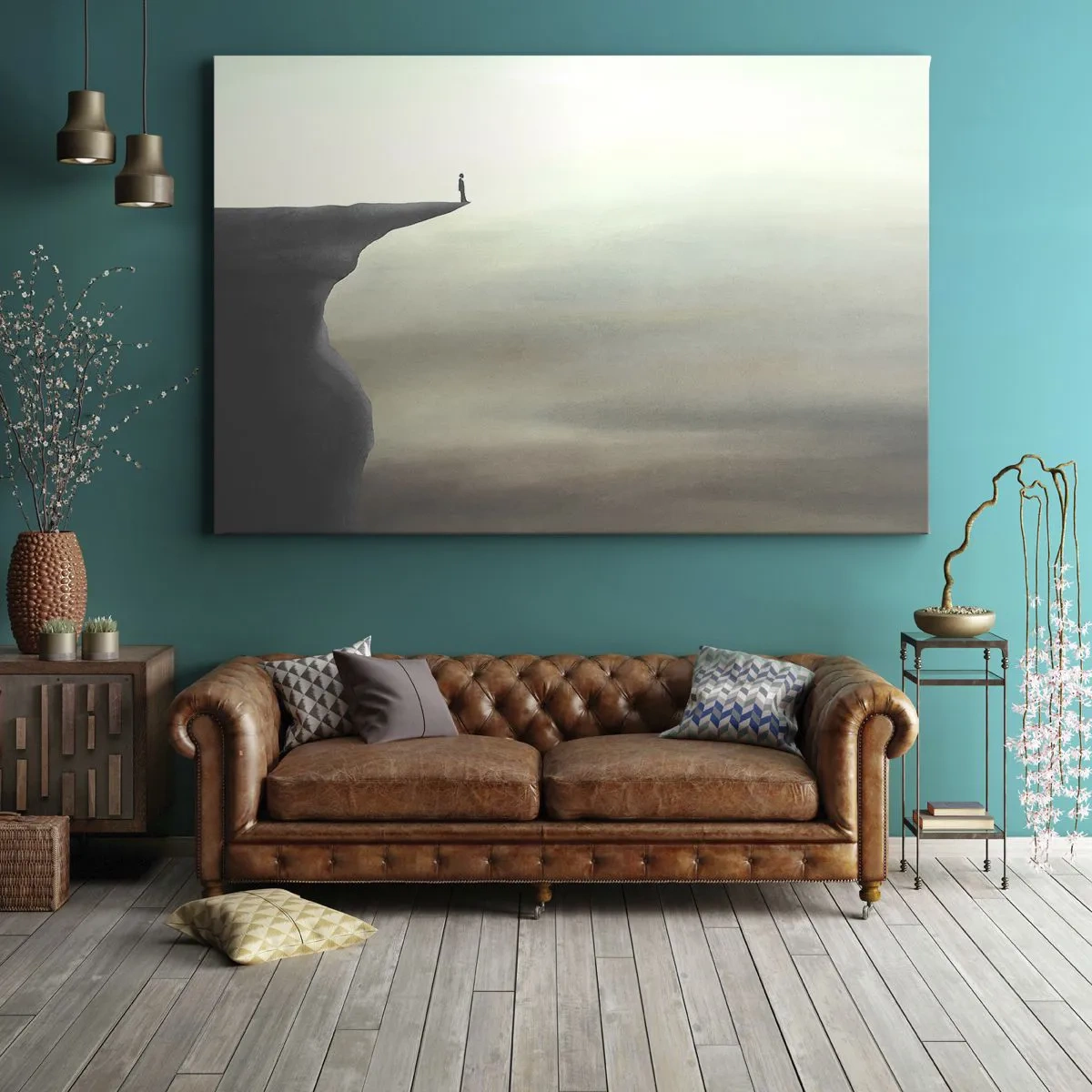Canvas picture - Silhouette of a figure on the edge of a cliff in a misty landscape - 70x50cm - Upwards, Naturally! - Modern wall decoration for the living room and bedroom ARTTOR