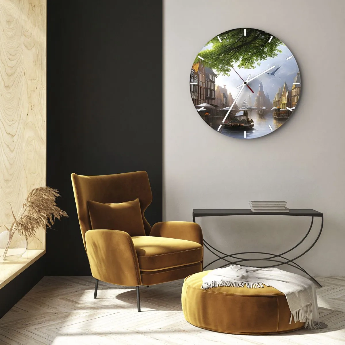 Wall clock - Clock on glass - Water canal with boats and historic tenement houses - 30x30cm - Dutch Urban Landscape - Modern wall decoration for the living room, kitchen, and bedroom ARTTOR