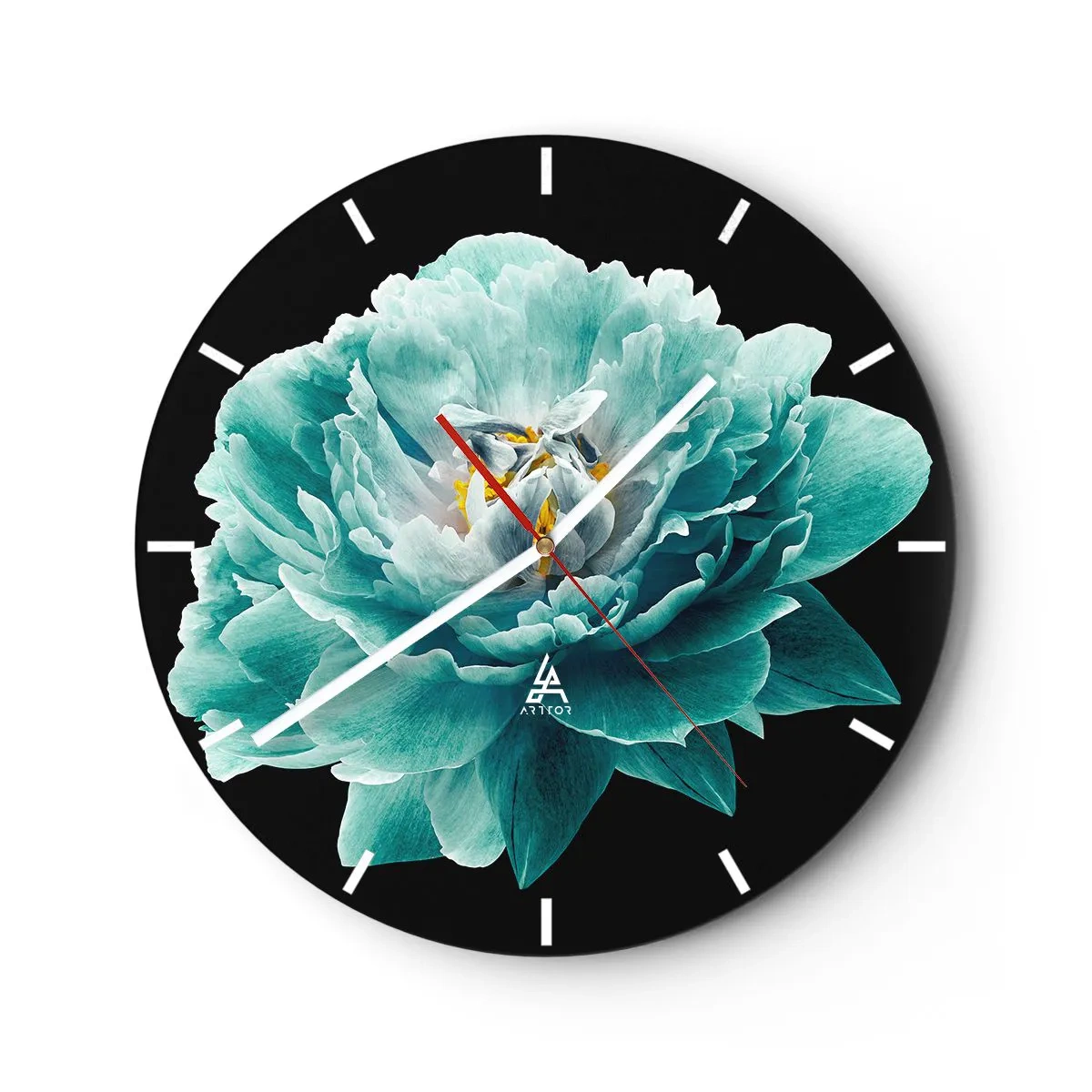 Wall clock - Clock on glass - Turquoise peony flower on a black background - 30x30cm - Blue and Gold Petals - Modern wall decoration for the living room, kitchen, and bedroom ARTTOR
