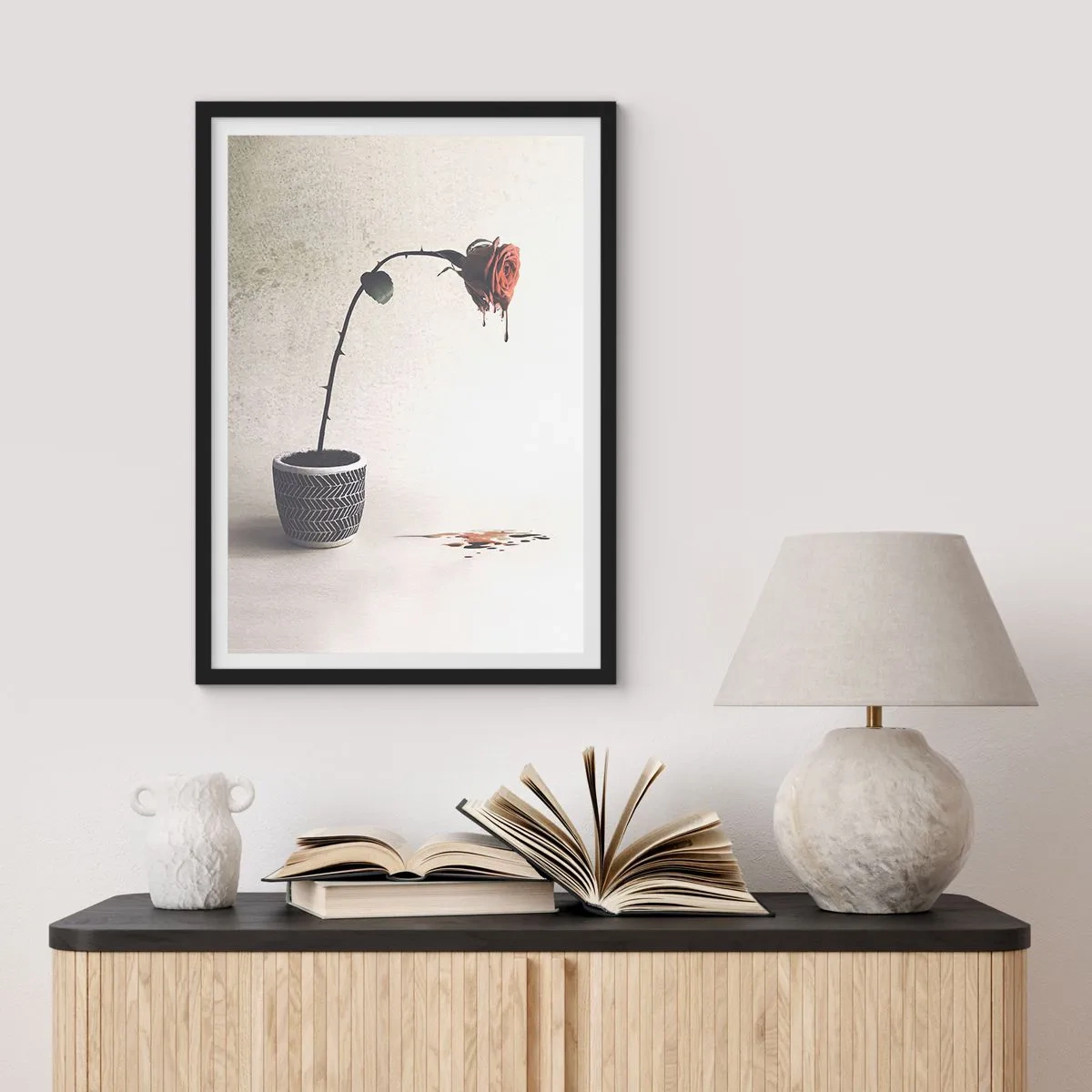 Poster in black frame - A potted rose with an artistic flowing effect - 50x70cm - Rosa Dolorosa - Modern wall decoration for the living room and bedroom ARTTOR