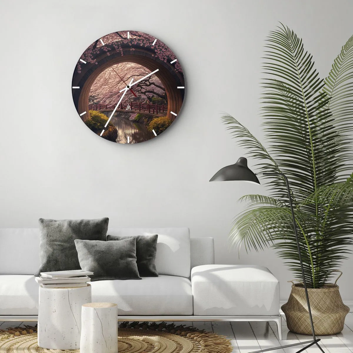 Wall clock - Clock on glass - View of the Japanese-style cherry blossom bridge through the round gate - 30x30cm - Japanese Spring - Modern wall decoration for the living room, kitchen, and bedroom ARTTOR