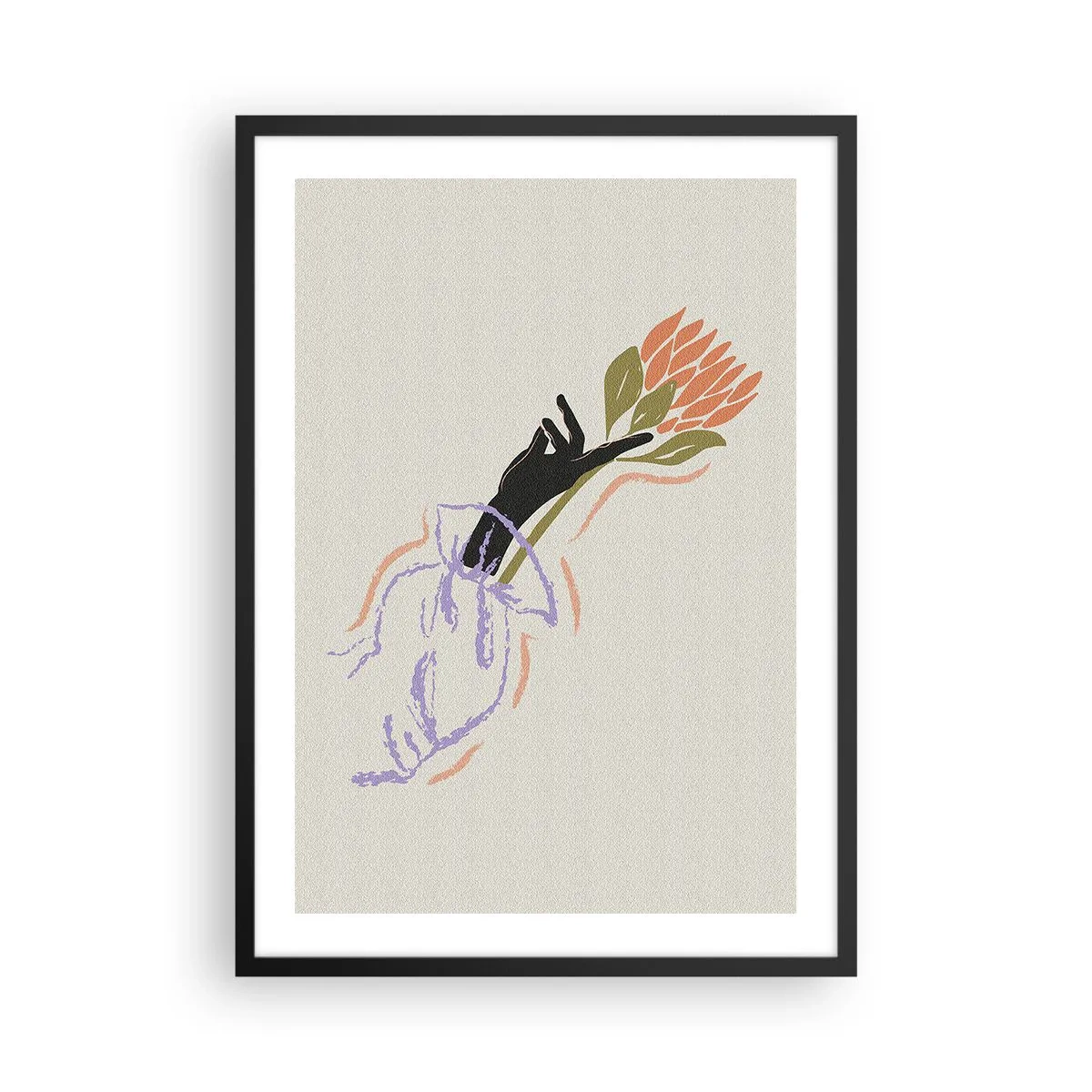 Poster in black frame - Abstract drawing of a hand holding a bouquet of flowers - 50x70cm - Sister Touch - Modern wall decoration for the living room and bedroom ARTTOR