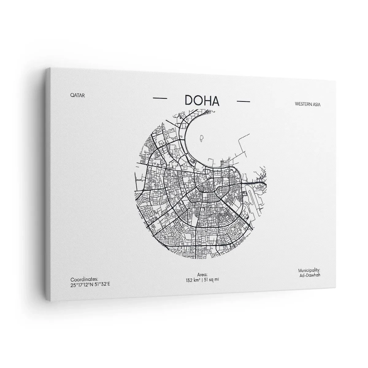 Canvas picture - minimalist map of Doha in black and white with precise details. - 70x50cm - Anatomy of Doha - Modern wall decoration for the living room and bedroom ARTTOR