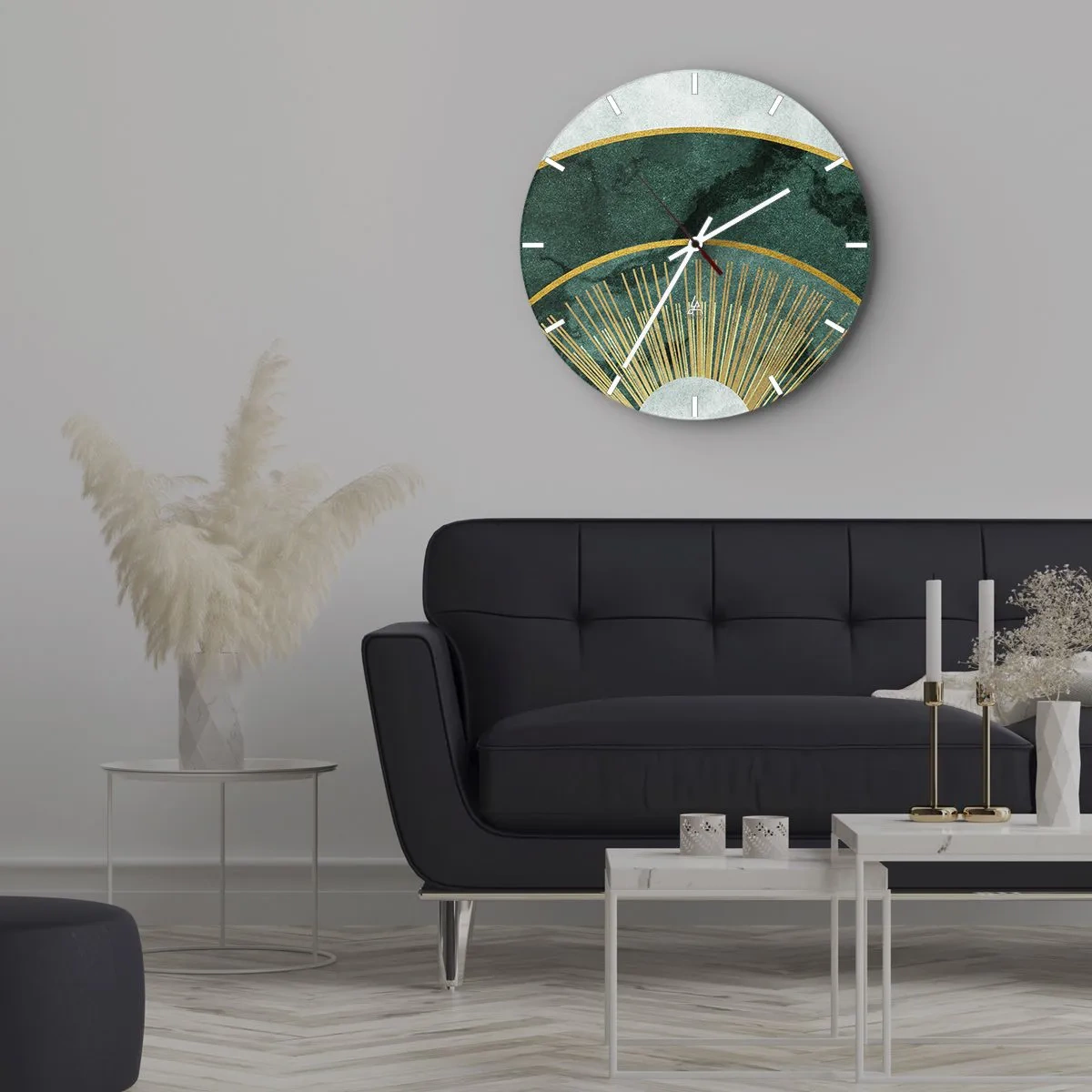 Wall clock - Clock on glass - Green and gold graphics with rays reminiscent of a sunrise - 30x30cm - Another Solar System - Modern wall decoration for the living room, kitchen, and bedroom ARTTOR