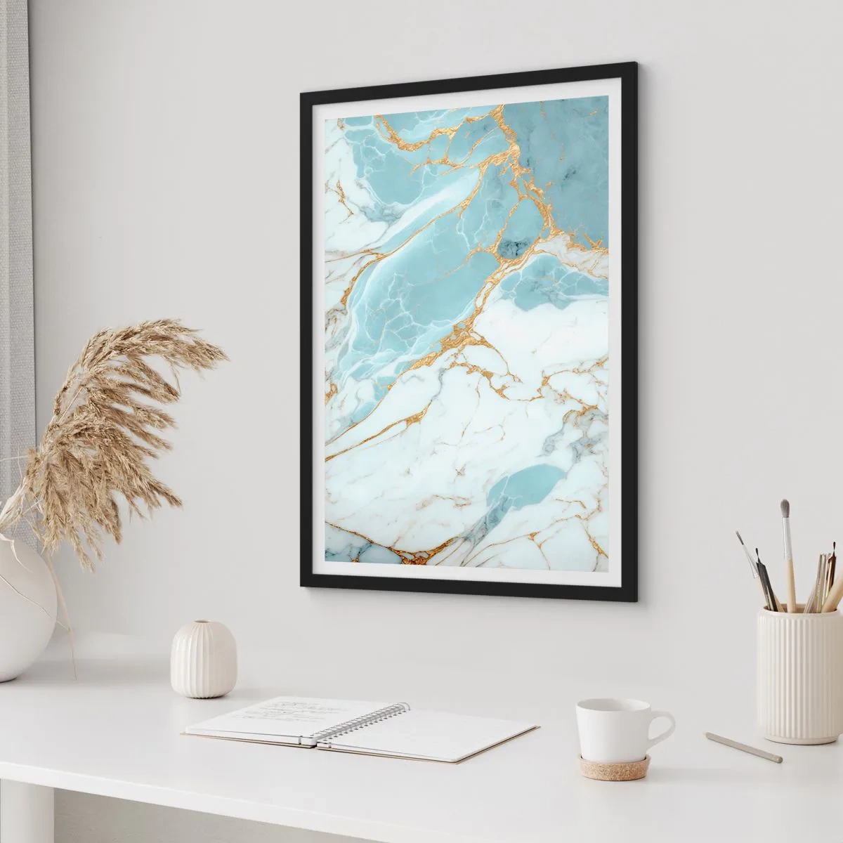 Poster in black frame - Elegant marble in shades of blue and gold - 50x70cm - Richness of the Stone - Modern wall decoration for the living room and bedroom ARTTOR